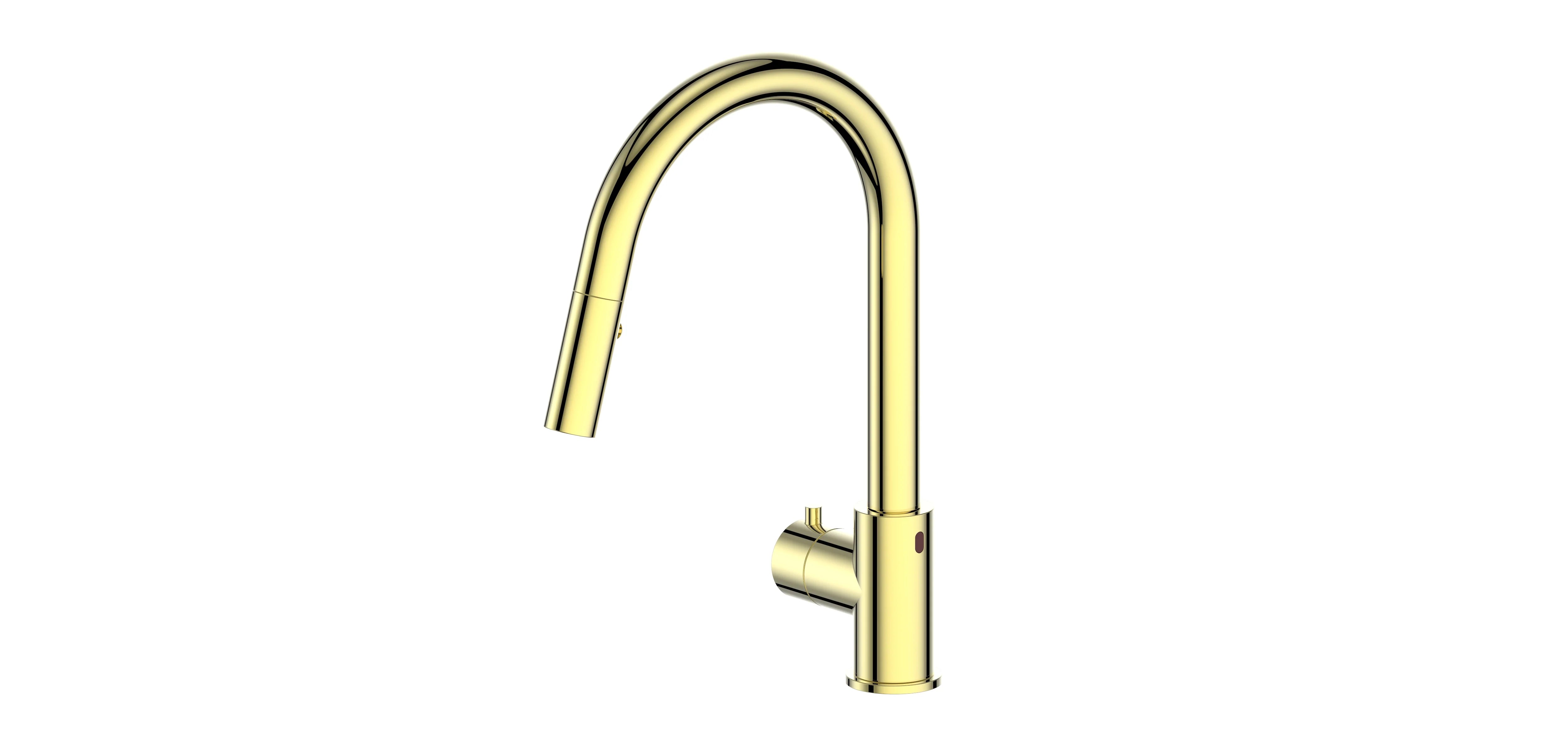 Polished gold kitchen faucet with tall arched spout and single handle base