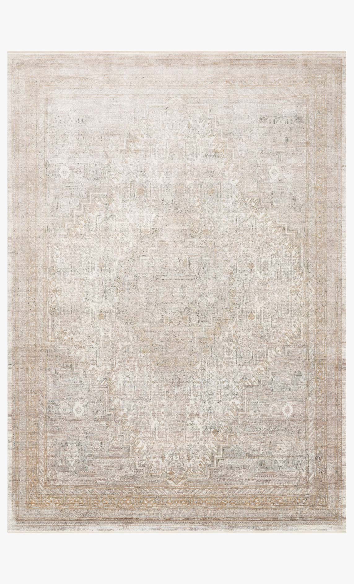 Sand and ivory traditional power-loomed area rug with distressed geometric motif