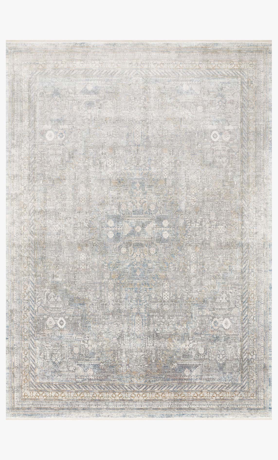 Traditional power-loomed area rug with silver-gray base and blue pattern border