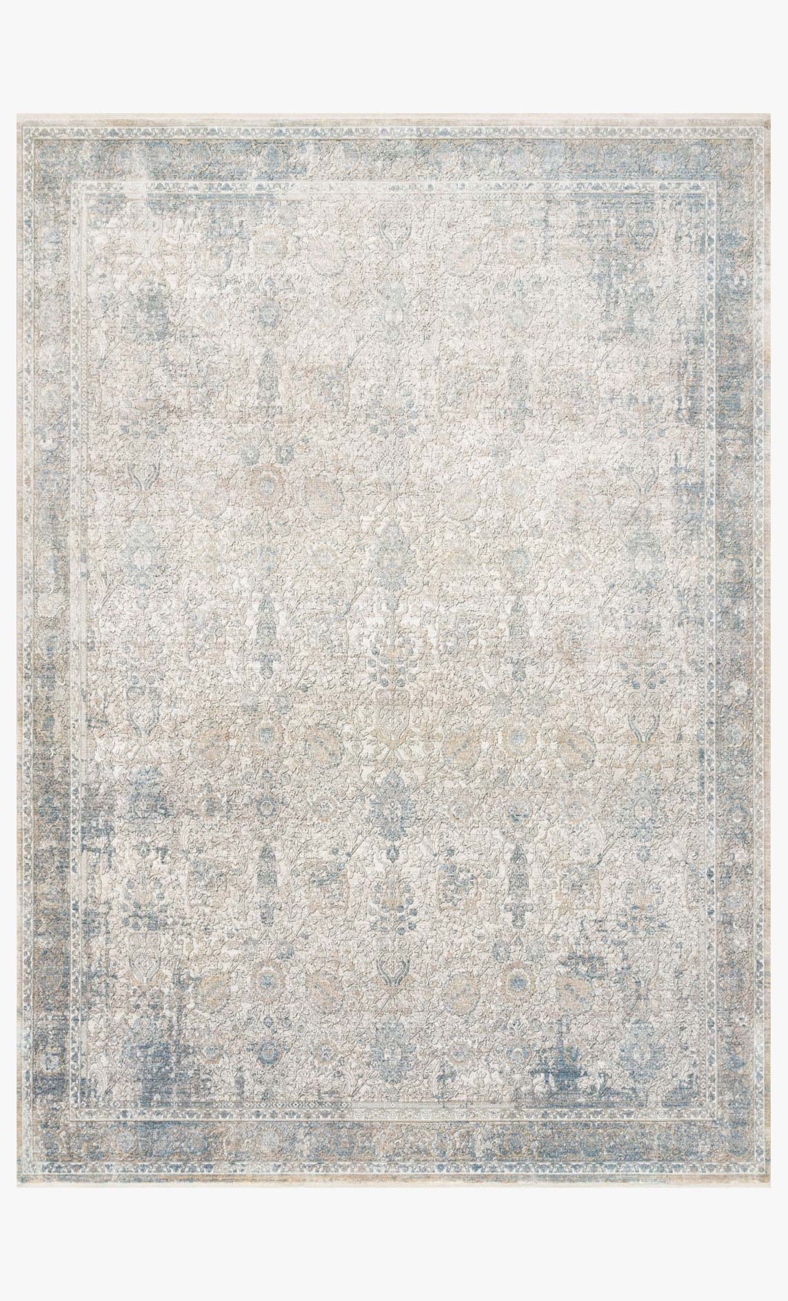 Traditional power loomed rug in sky blue and ivory with distressed ornate pattern