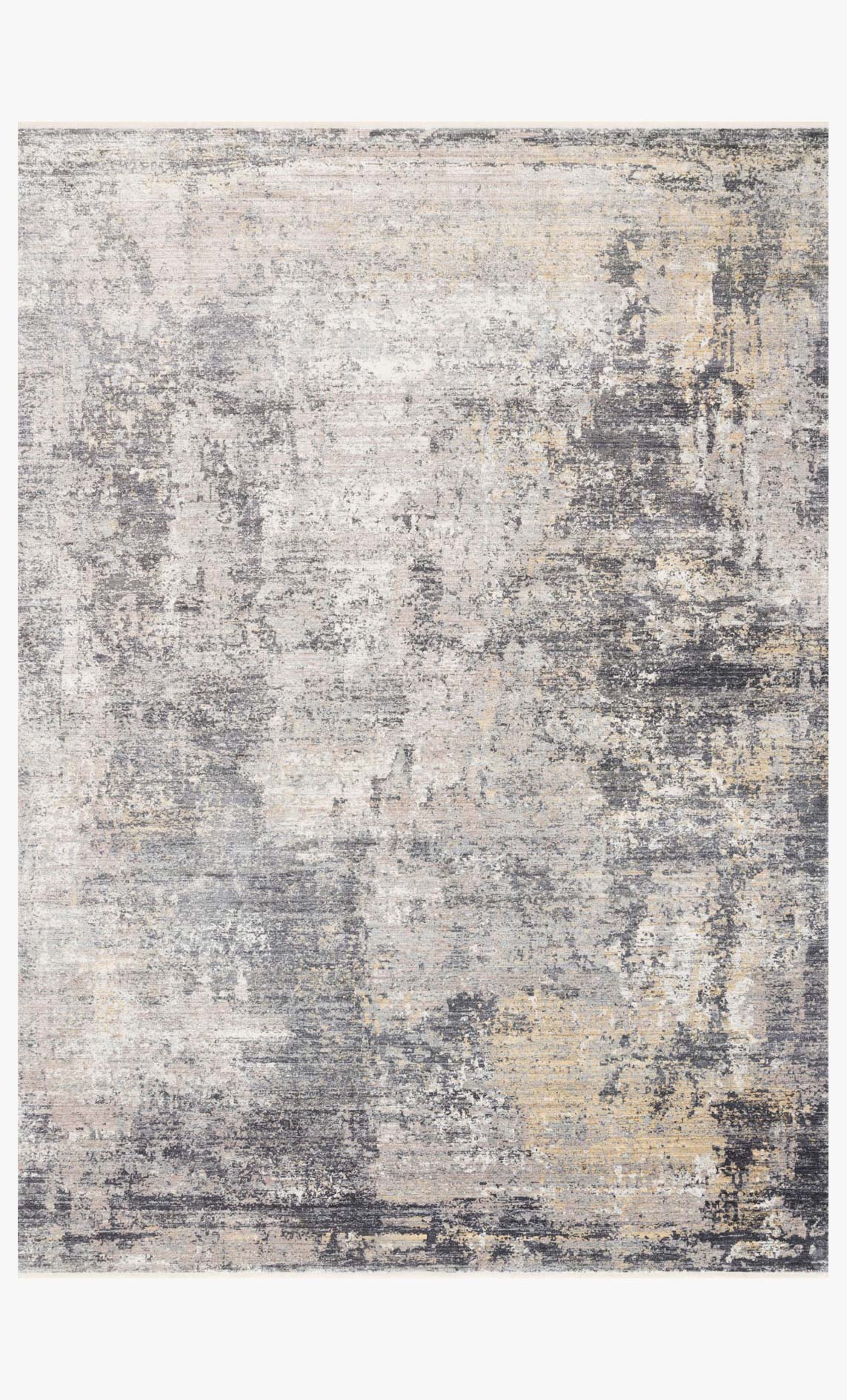 Neutral abstract power-loomed rug with distressed pattern, light gray and dark accents.