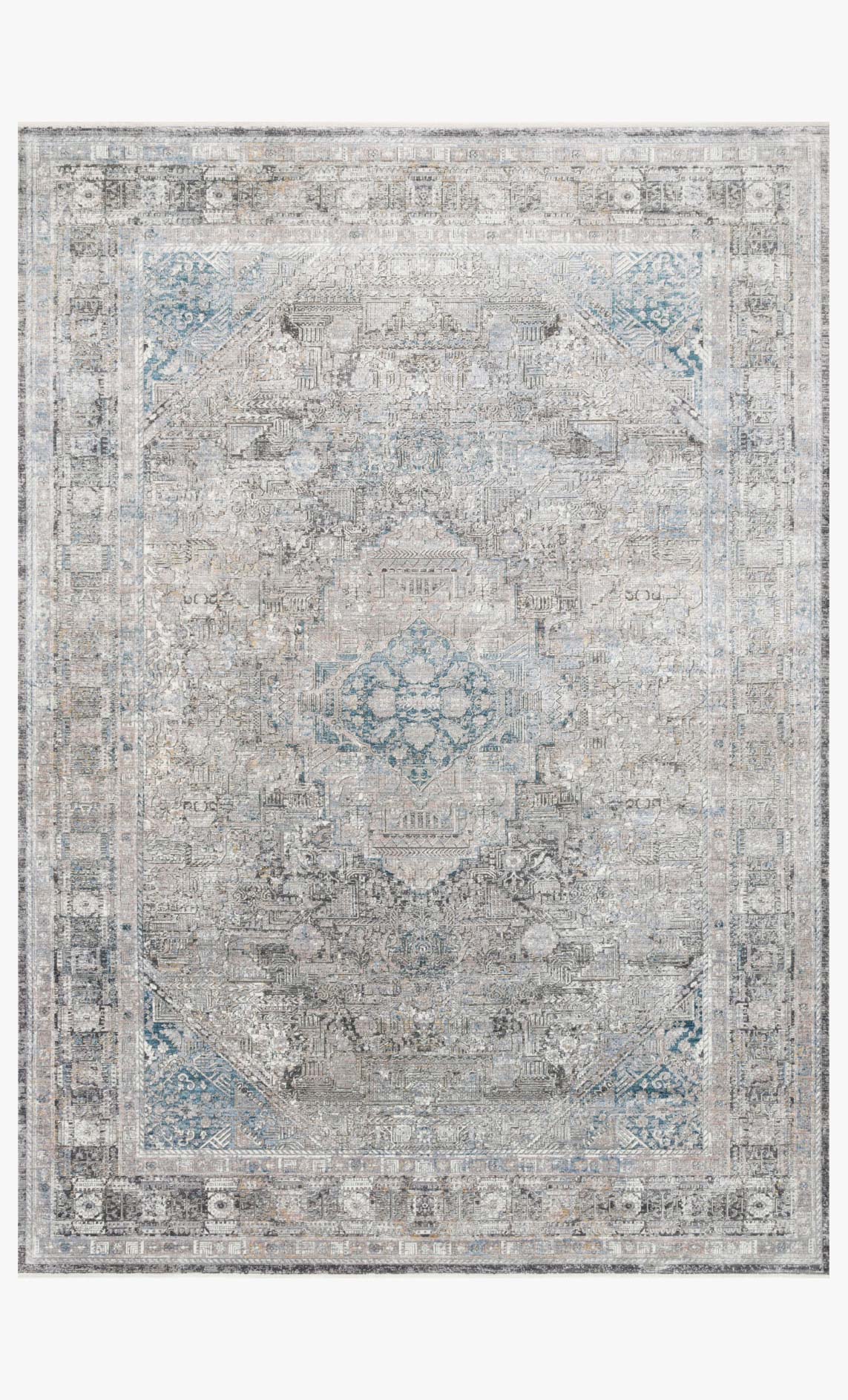 Silver and blue traditional power-loomed area rug with ornate geometric medallion pattern