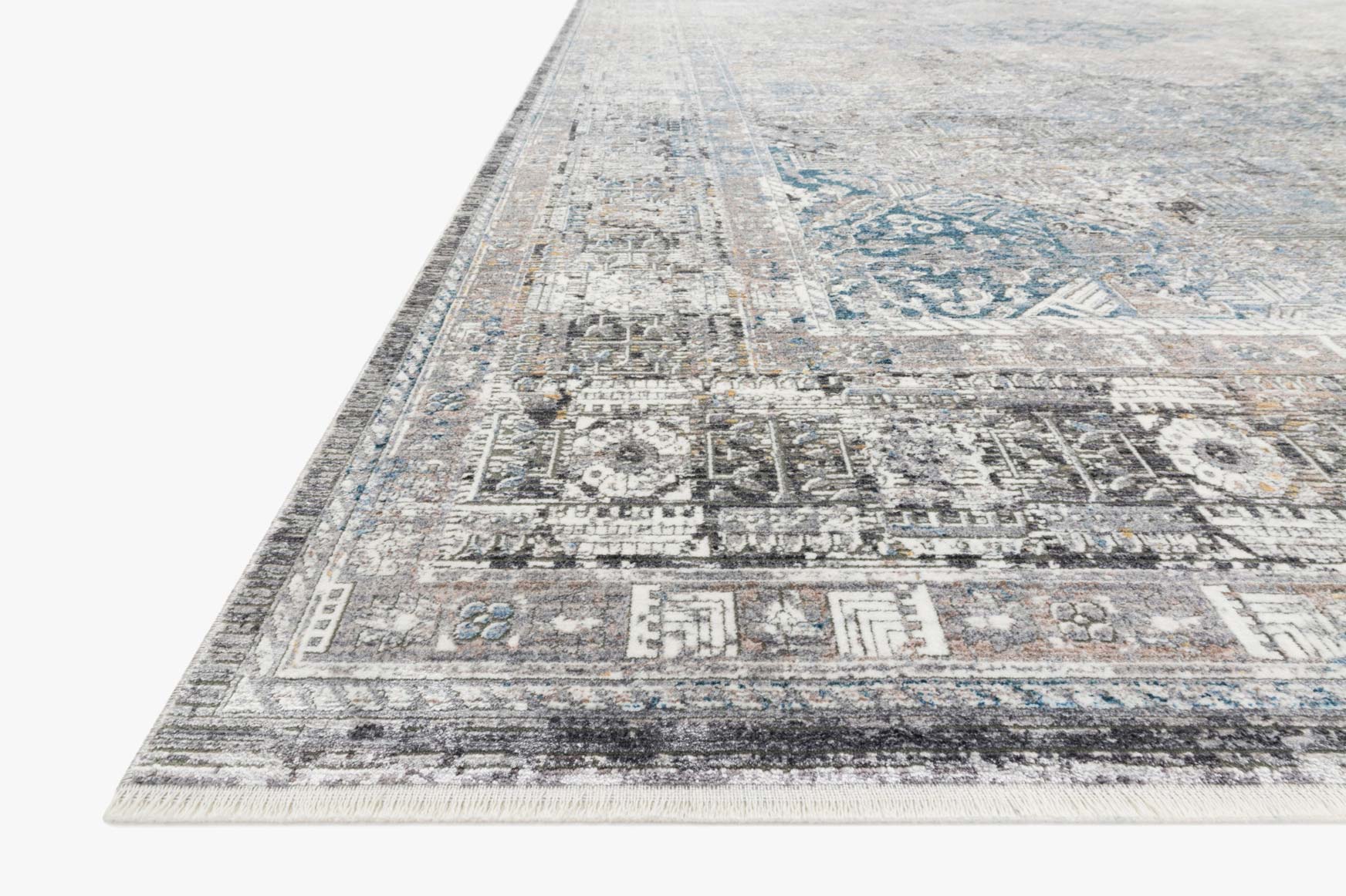 Silver and blue geometric-pattern traditional rug with border and corner details