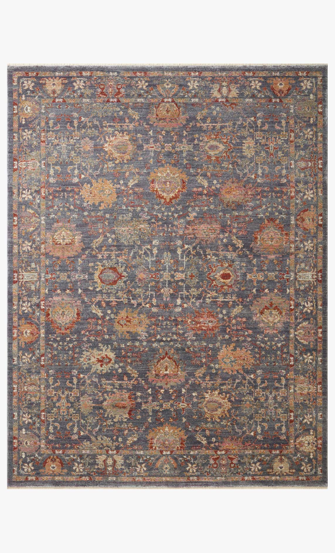 Traditional power-loomed rug with multicolor distressed medallion pattern, grey base.