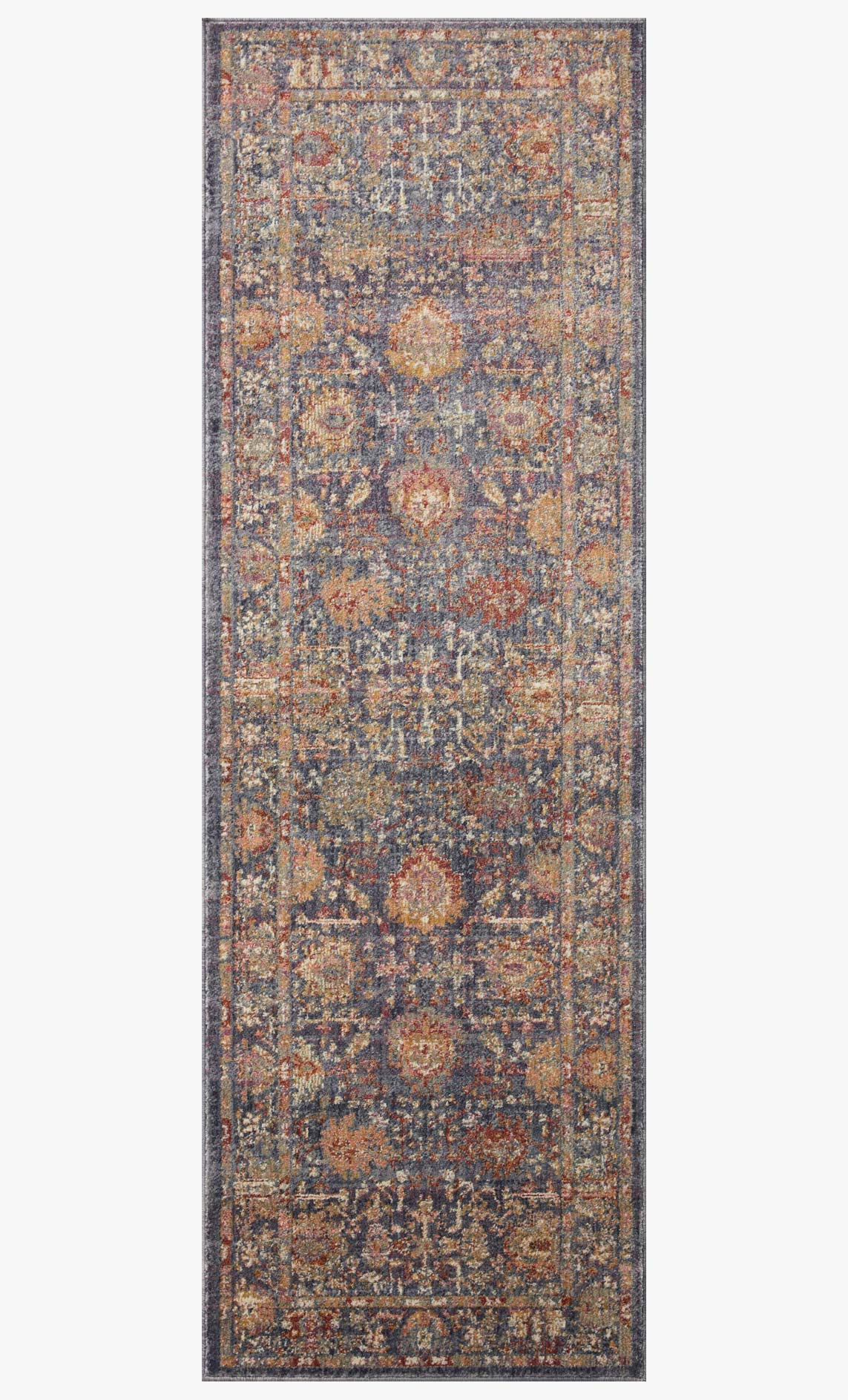 Rectangular traditional rug with dense speckled texture and grey field, multicolor accents.