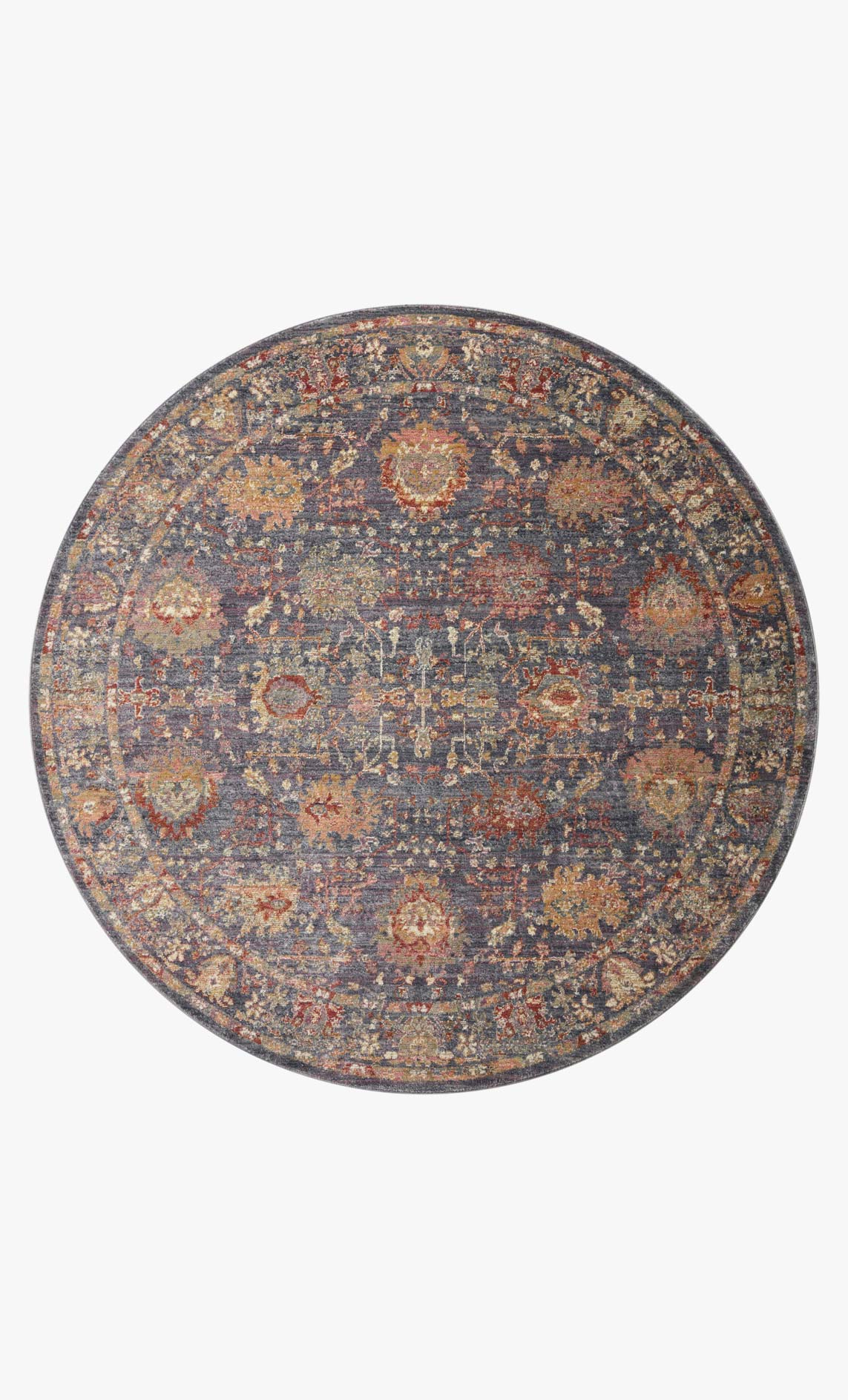 Round traditional power-loomed rug with grey base and multicolor distressed medallion pattern