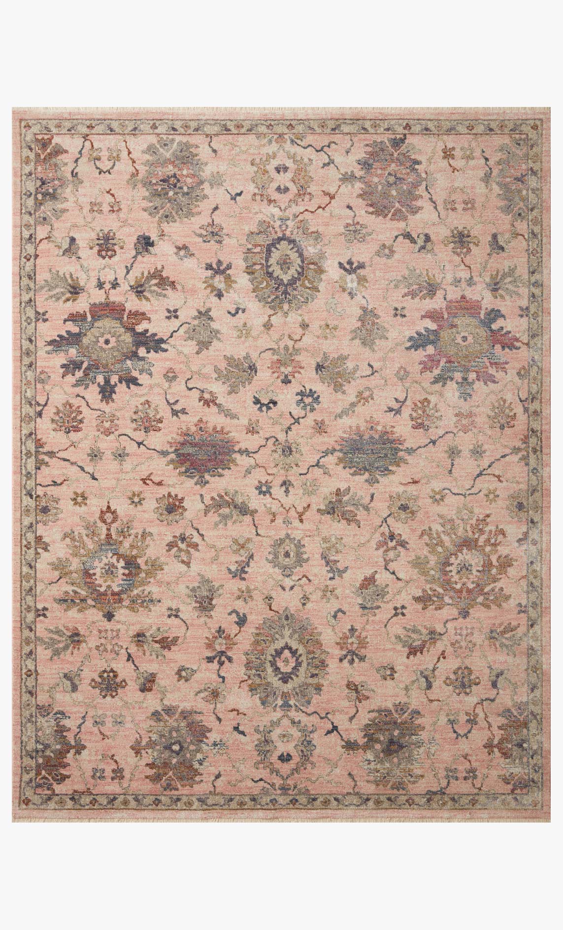 Blush traditional area rug with floral vine medallion and multicolor border