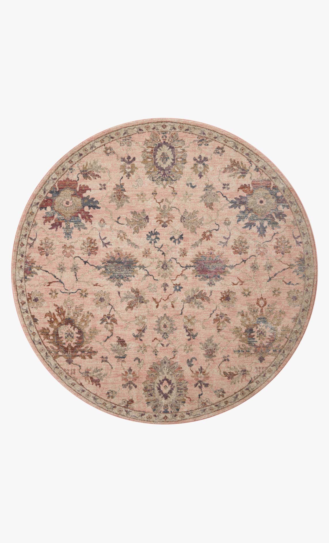 Round blush floral rug with central medallion and multicolor border