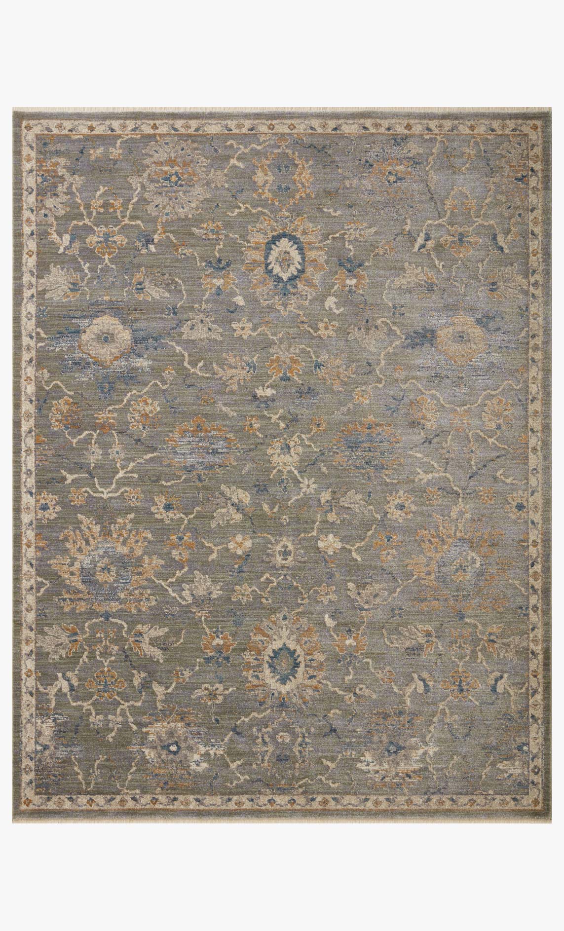 Traditional power-loomed rug with sage and gold distressed floral motif and border.