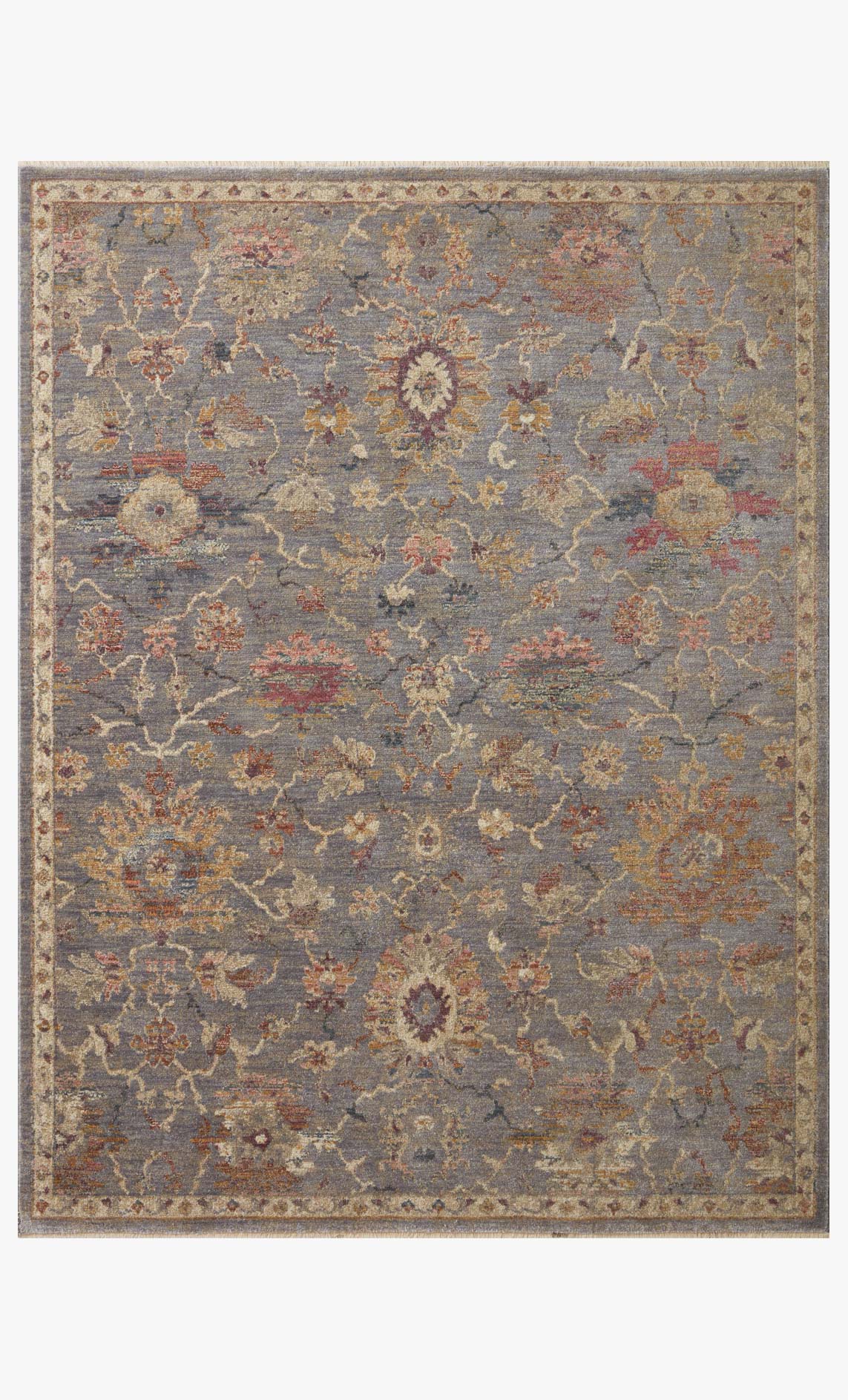 Traditional power-loomed rug with ornate vintage pattern, silver-gray with multicolor accents