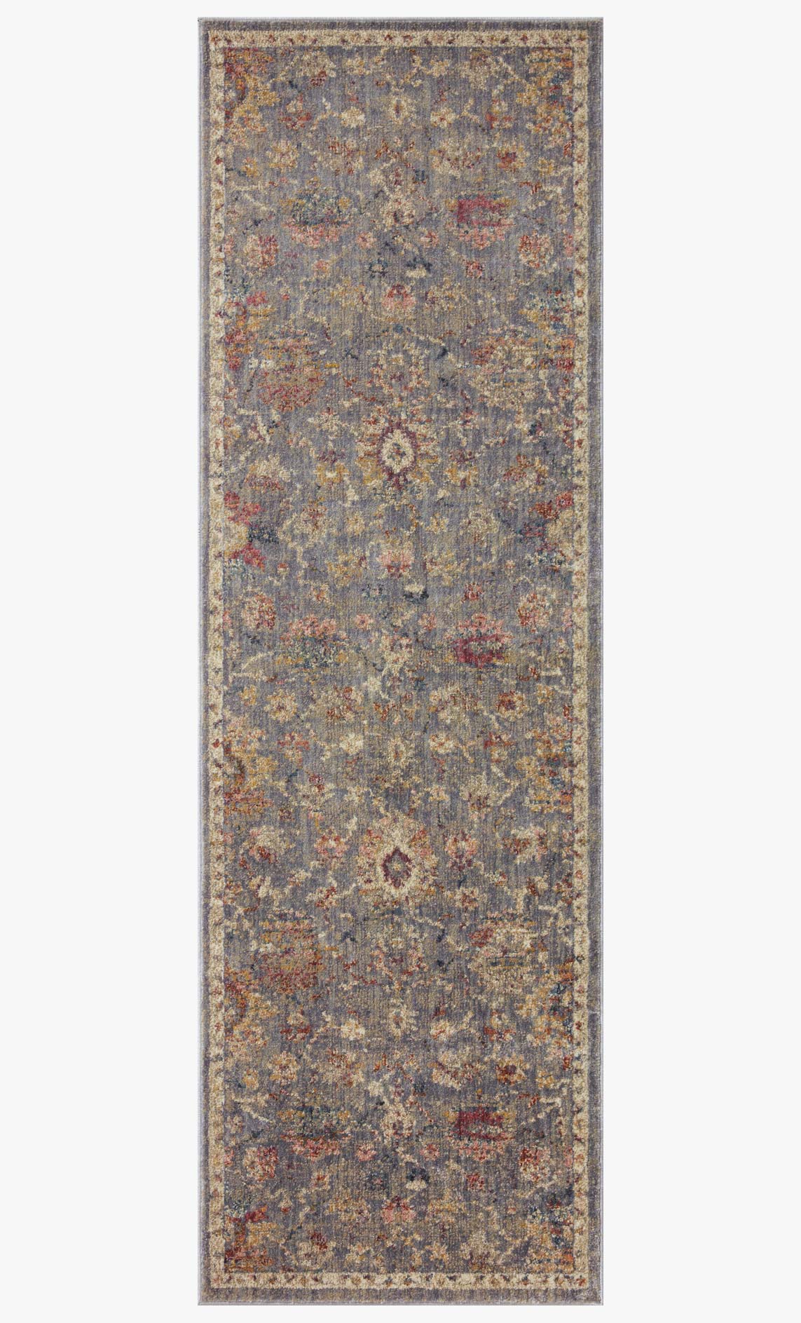 Tall rectangular area rug in silver-gray with rust and blue floral motifs and border