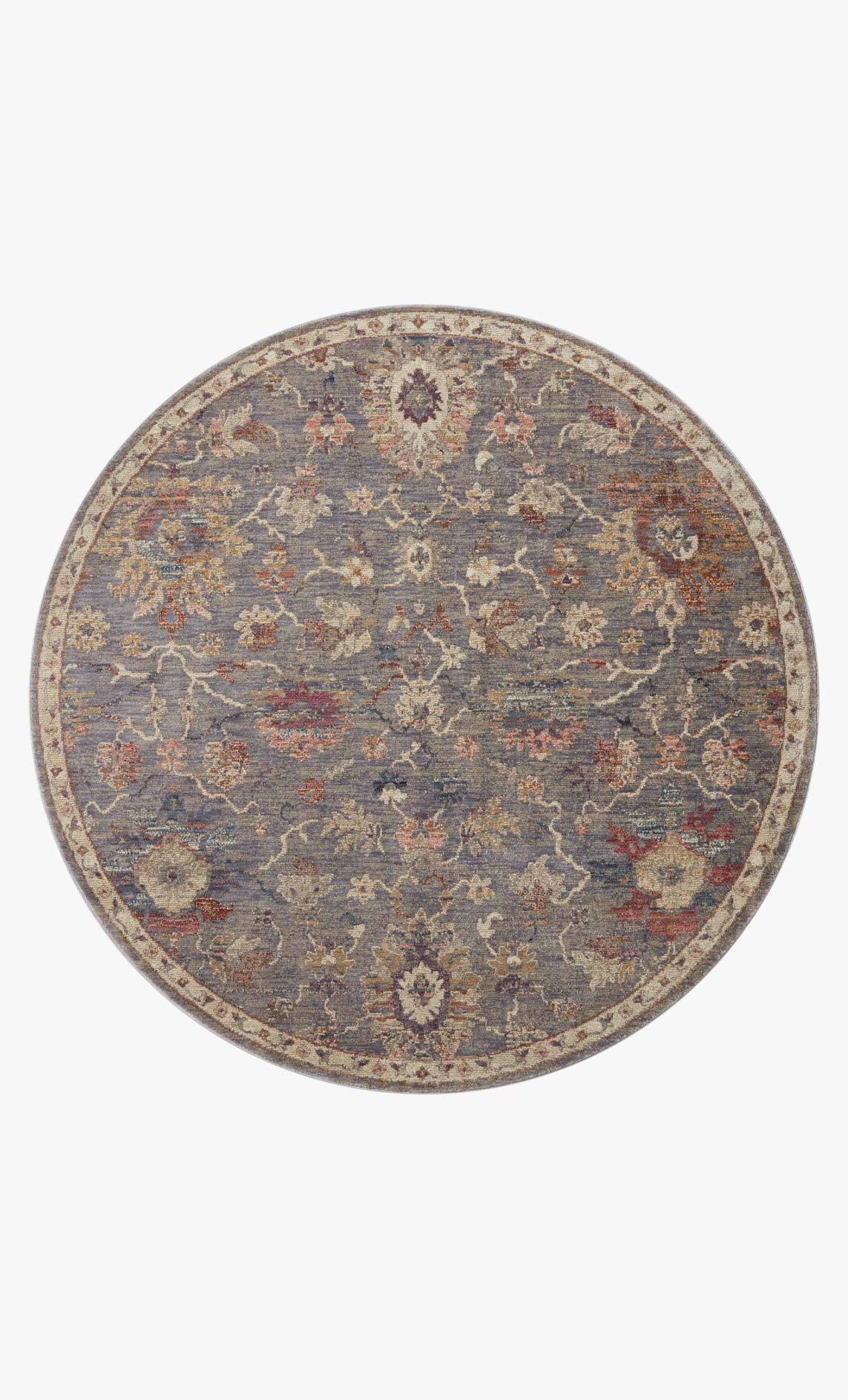 Round area rug with silver-gray distressed floral medallion pattern and decorative border
