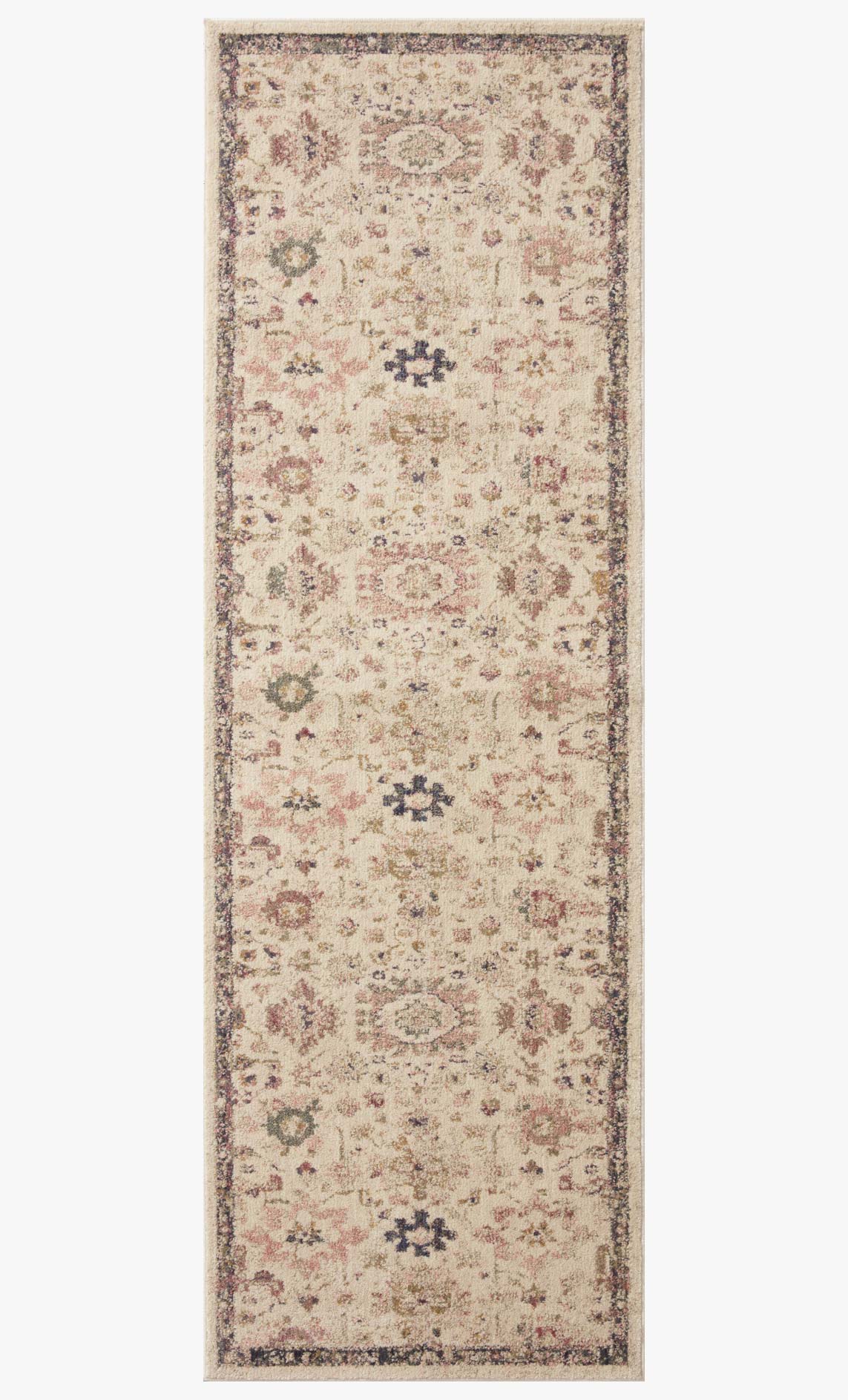 Vertical view of ivory traditional rug with floral and geometric medallions