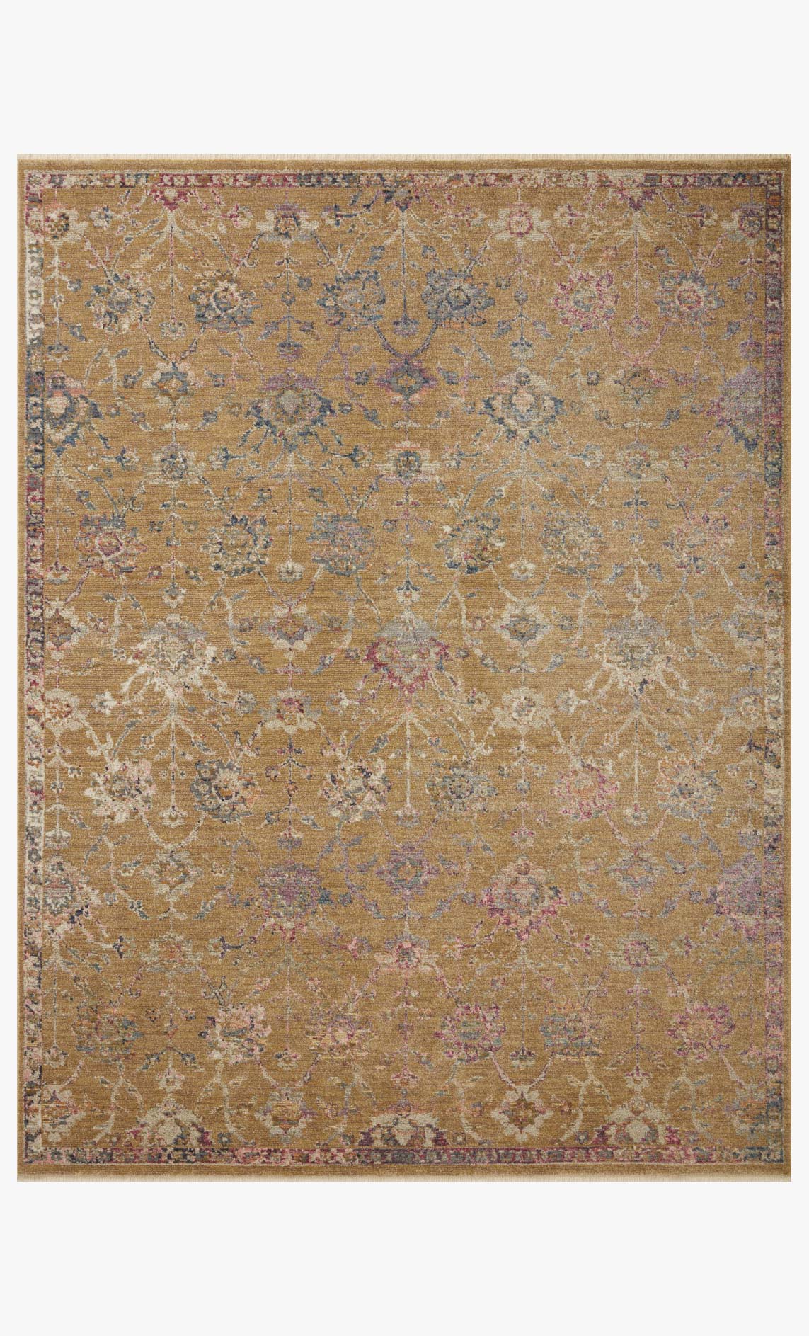 Gold traditional power-loomed area rug with ornate blue, rust, and cream pattern