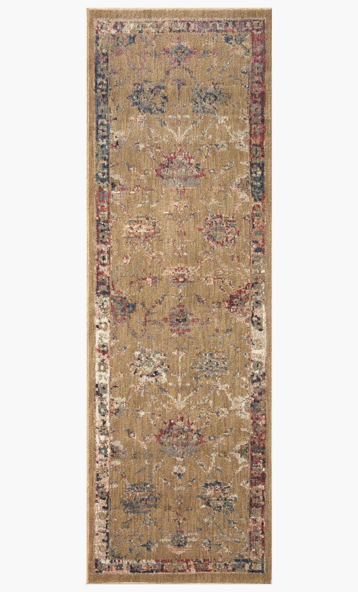 Rectangular gold rug with distressed floral and geometric pattern and decorative border