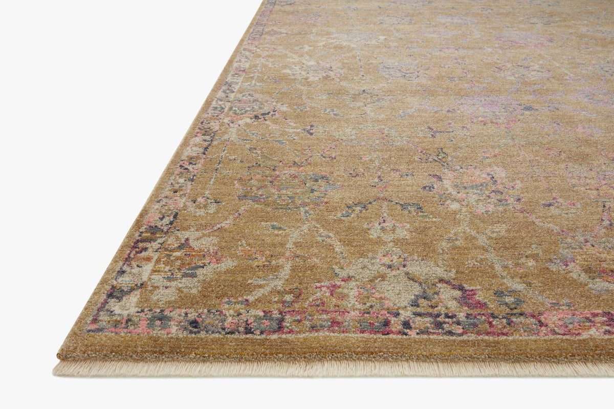 Gold traditional rug corner with multicolor ornate border and short fringe