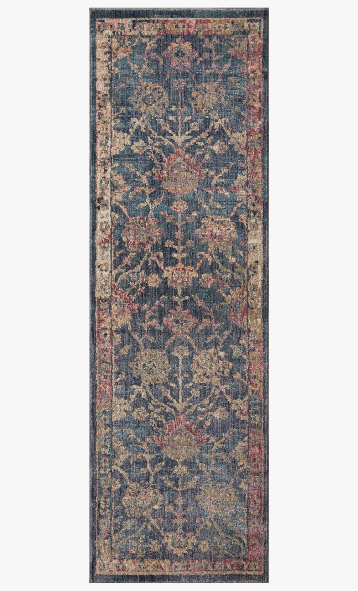 Tall navy traditional power-loomed rug with detailed floral and damask motifs