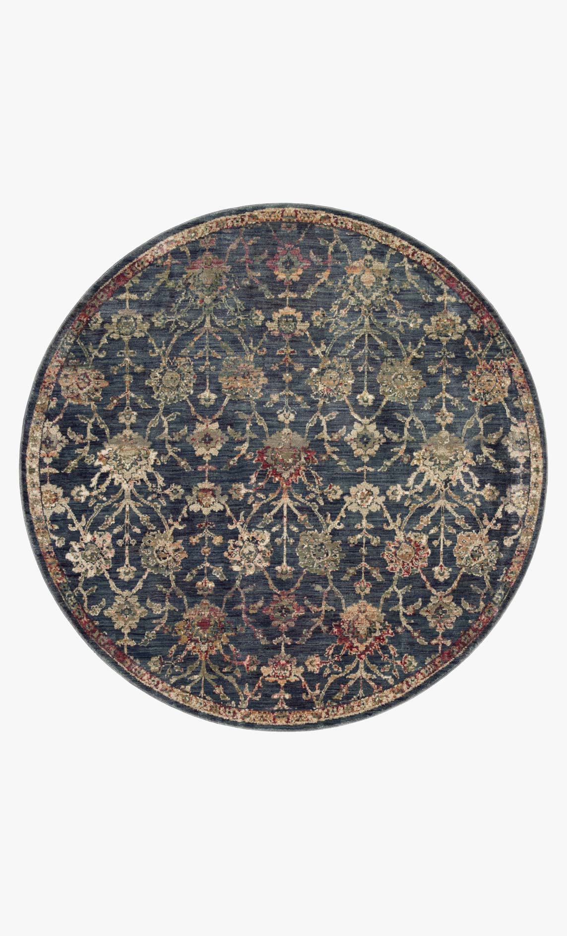 Round navy traditional power-loomed rug with ornate floral pattern and border
