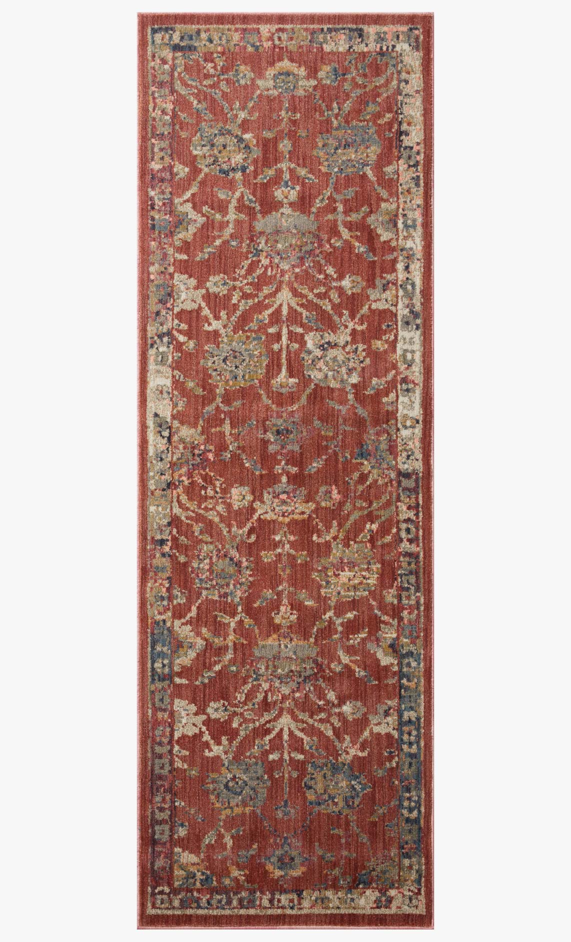 Rectangular red traditional rug with dense damask ornament border and cream details