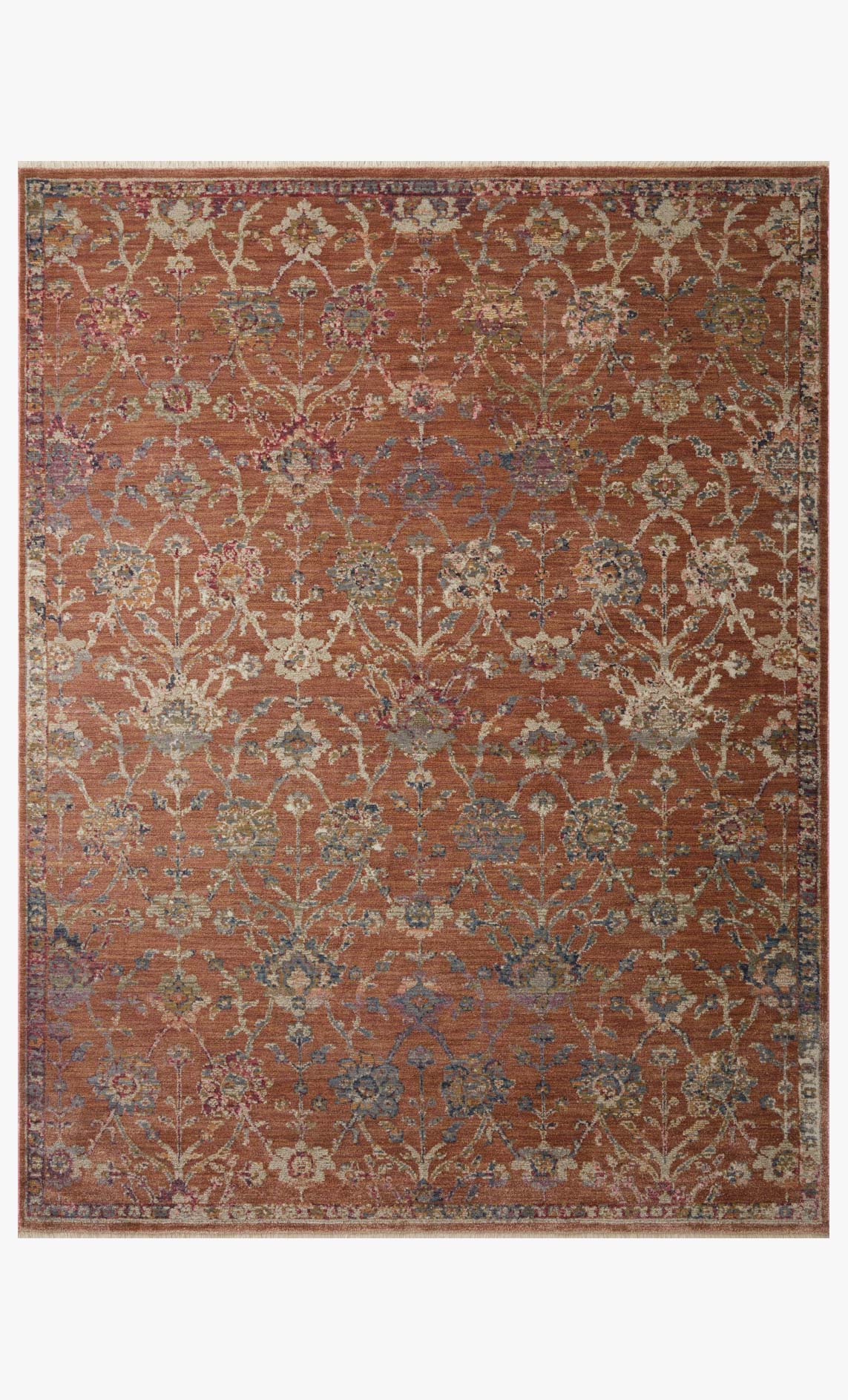 Rectangular traditional power-loomed rug with ornate damask pattern in terracotta and teal.