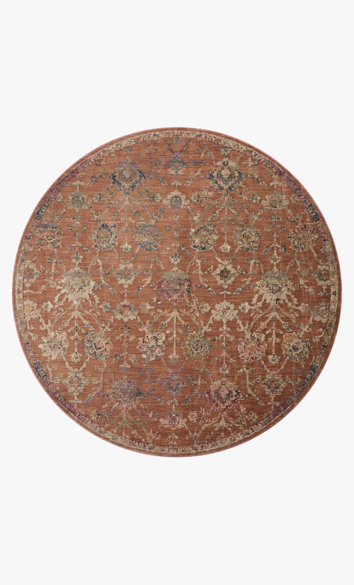 Round traditional rug with ornate damask pattern in terracotta, teal, and cream tones.