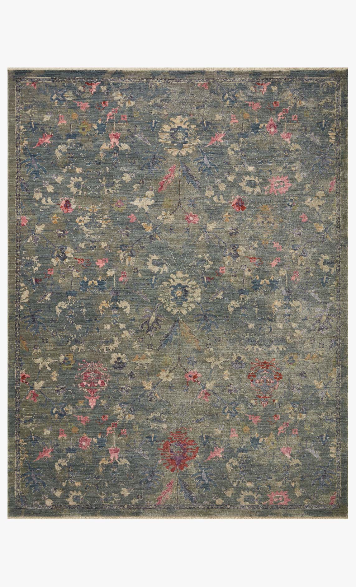 Lagoon blue traditional area rug with distressed floral pattern and border