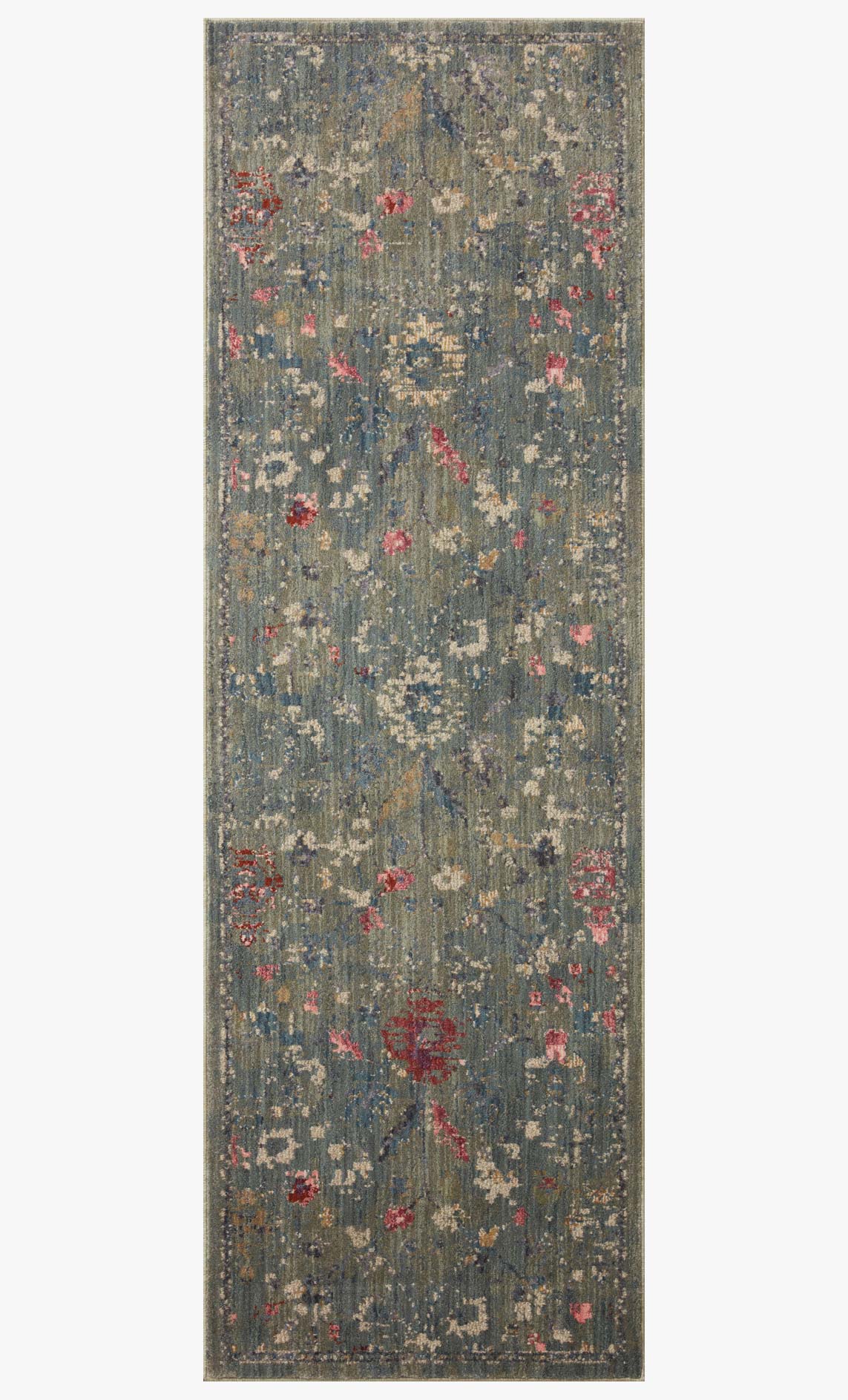 Lagoon blue traditional runner rug with scattered floral motifs and border