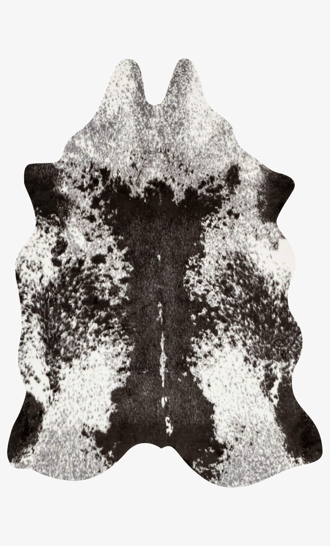 Ivory and charcoal cowhide-style area rug with mottled speckled pattern, irregular edges