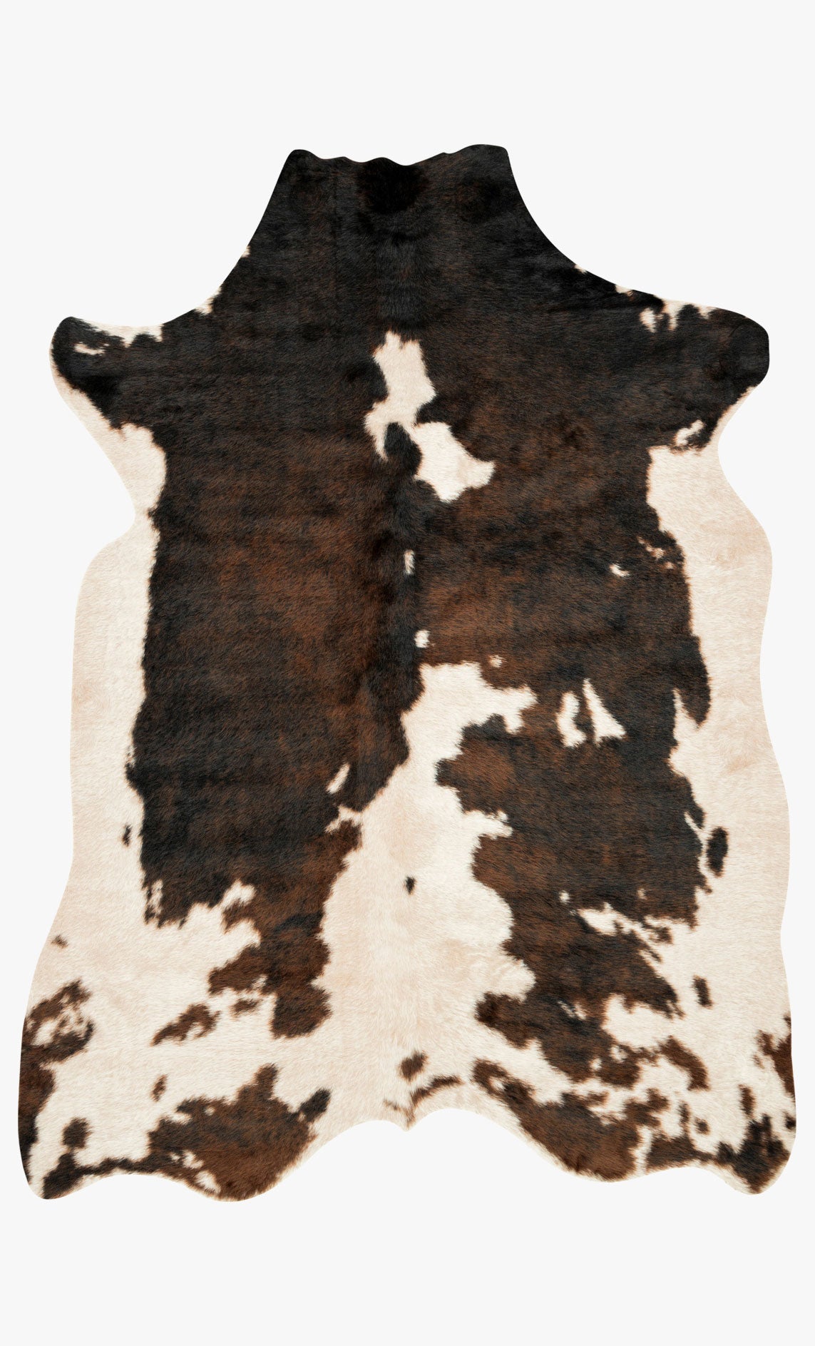 Beige and brown cowhide-style transitional rug with irregular blotch pattern