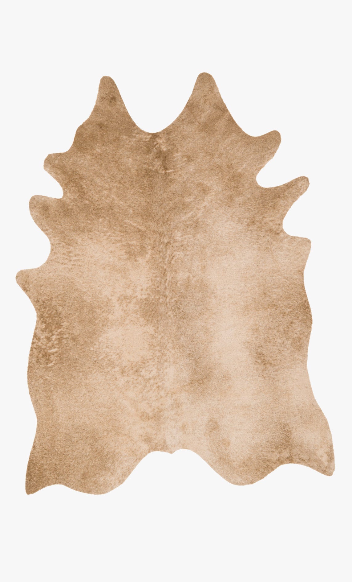 Tan cowhide-style rug with mottled abstract pattern, flat-lay view