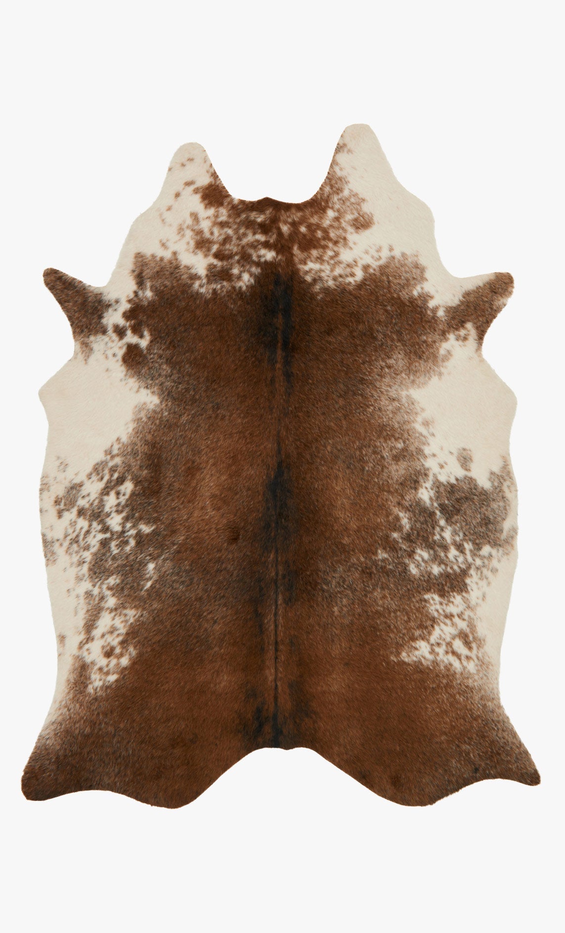 Coffee and ivory cowhide-style area rug with mottled abstract pattern