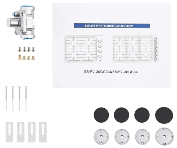 Gas cooktop parts kit with control knobs, burner caps, mounting plates, and screws