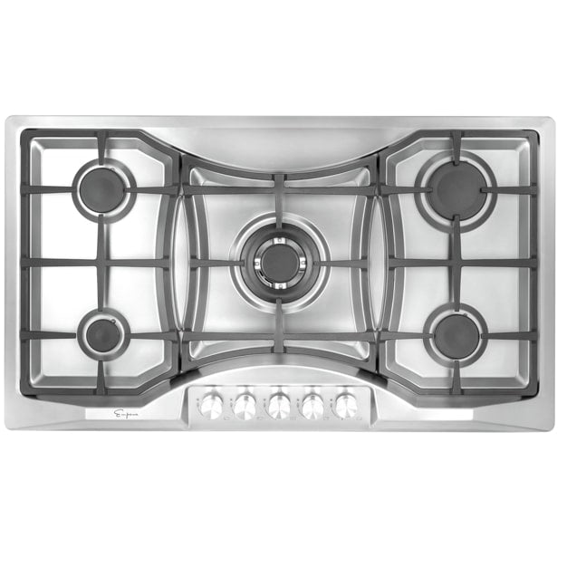 Stainless steel built-in gas cooktop with five burners, cast-iron grates, control knobs