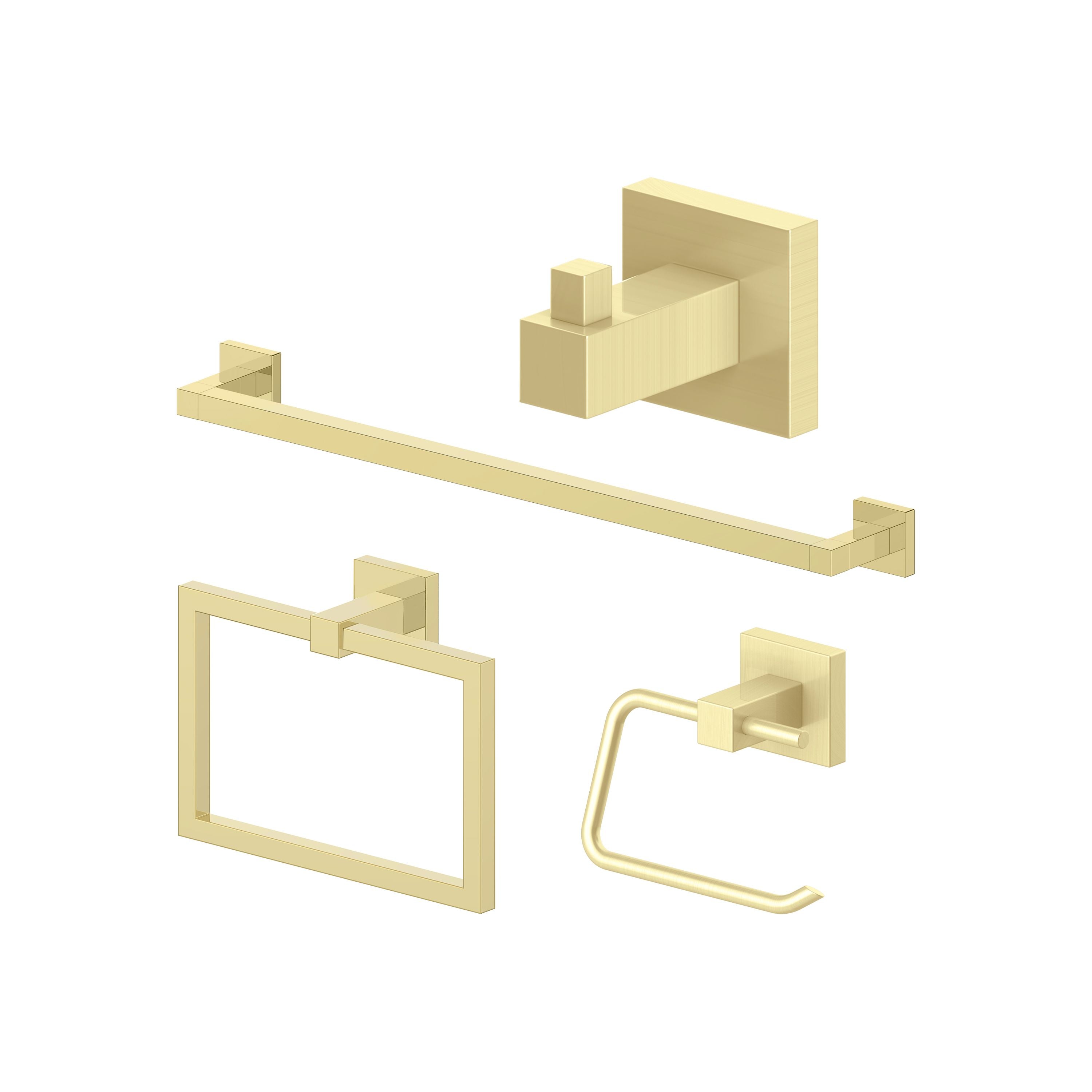 Polished gold bathroom accessory set with towel rail, hook, towel ring, and holder parts