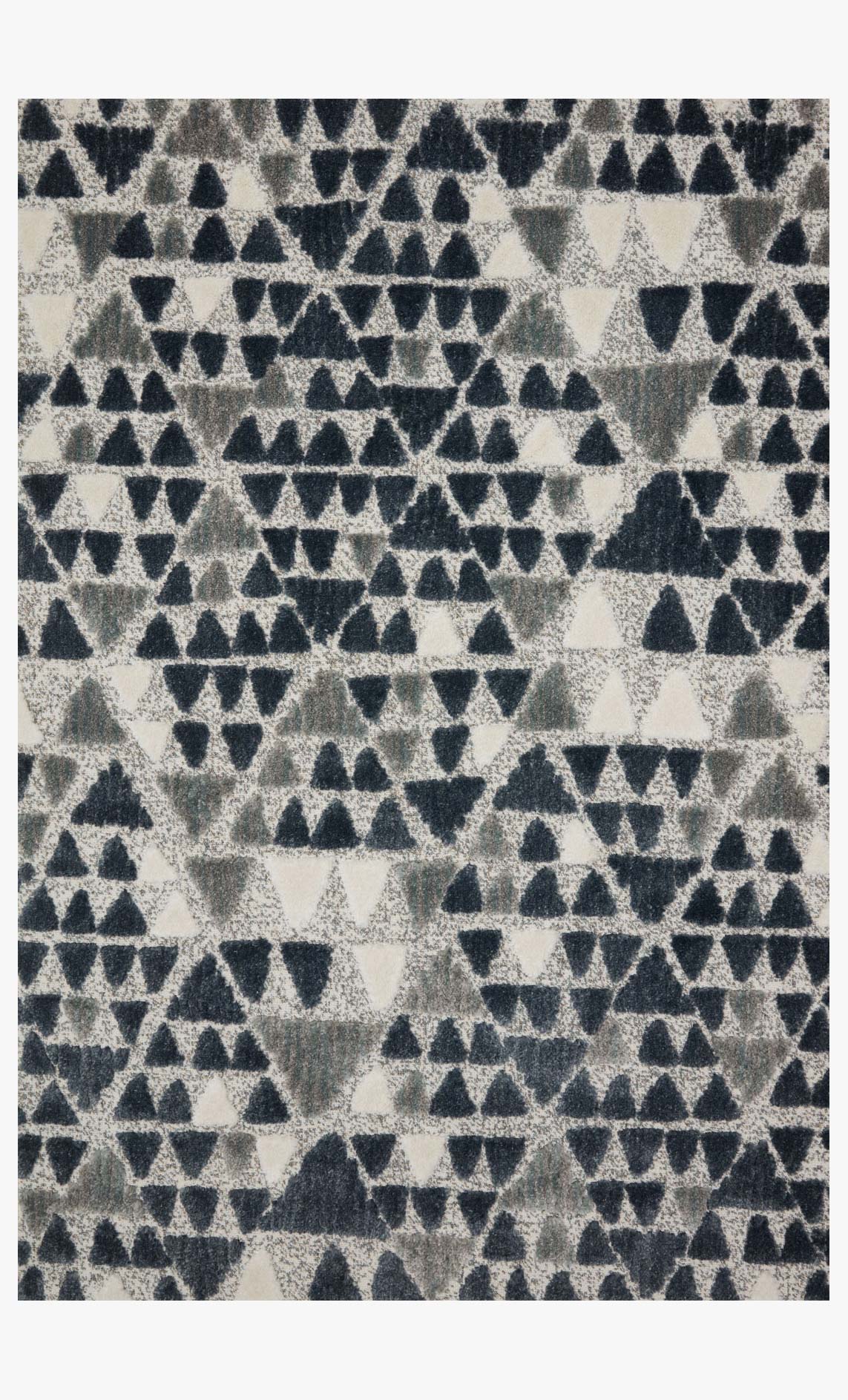 Slate and denim patterned power-loomed rug with repeating triangle motifs