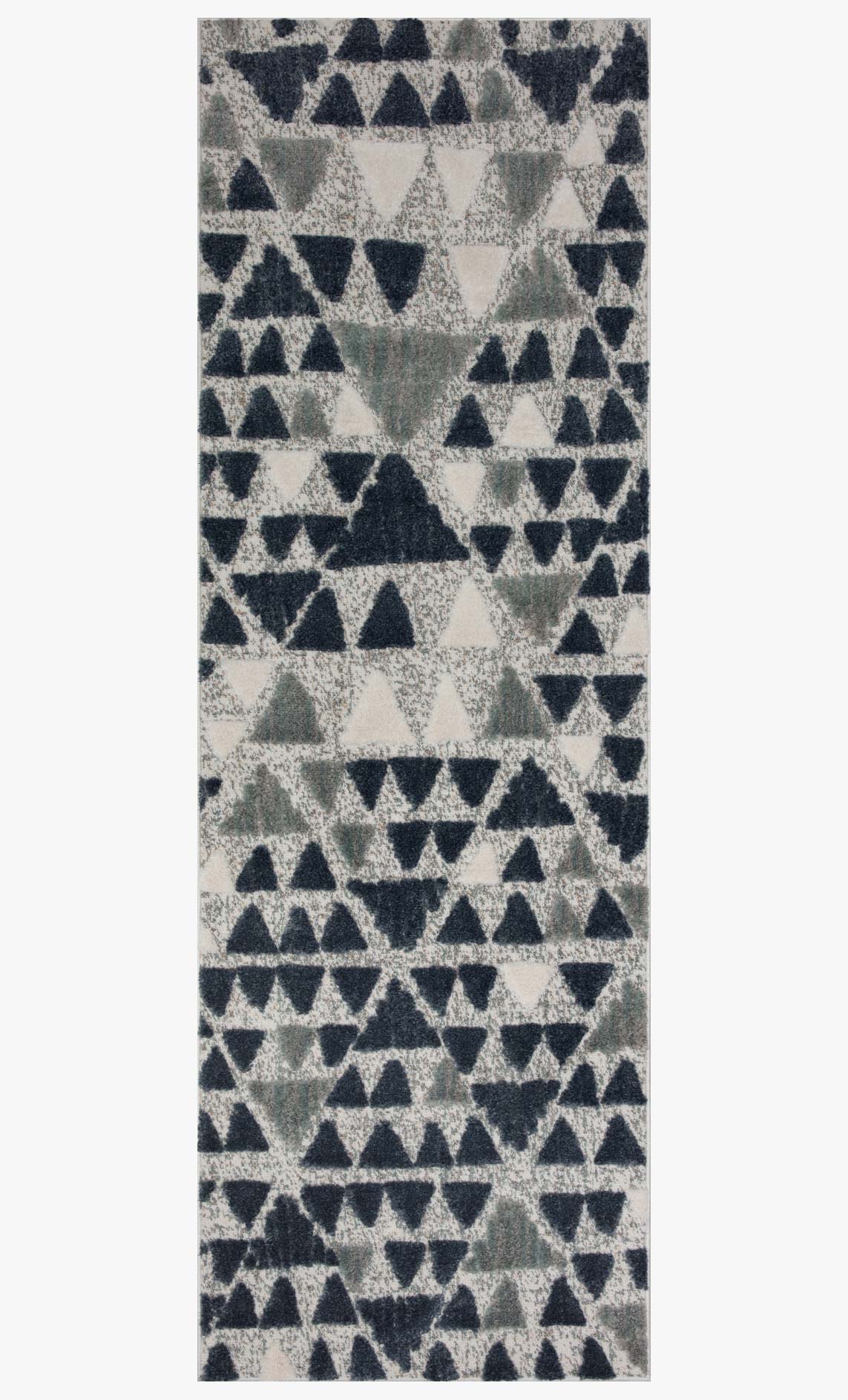 Vertical view of slate and denim geometric triangle pattern rug