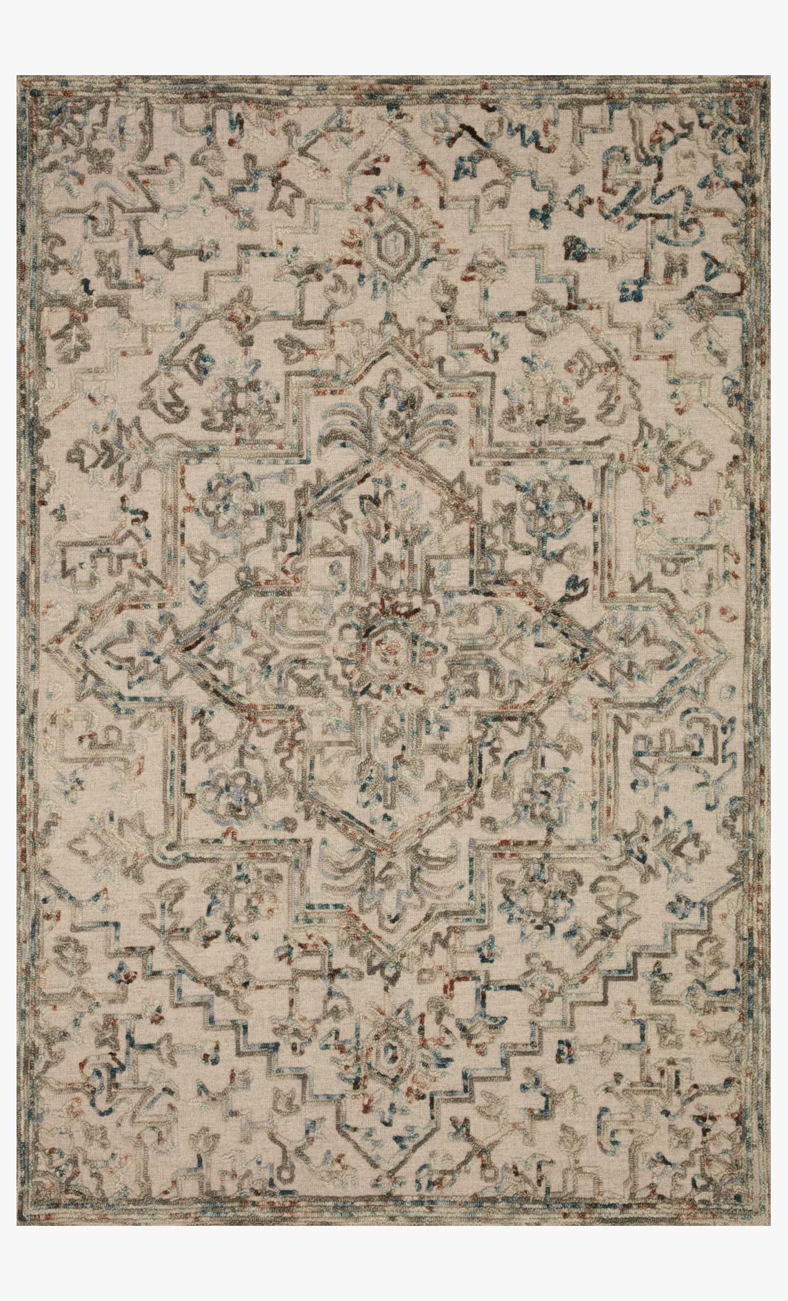 Traditional hooked rug with ornate geometric pattern in grey and ocean tones