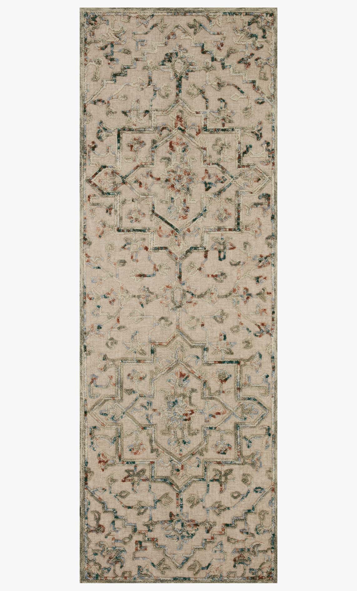 Traditional hooked rug, rectangular design with beige base and blue-grey motifs