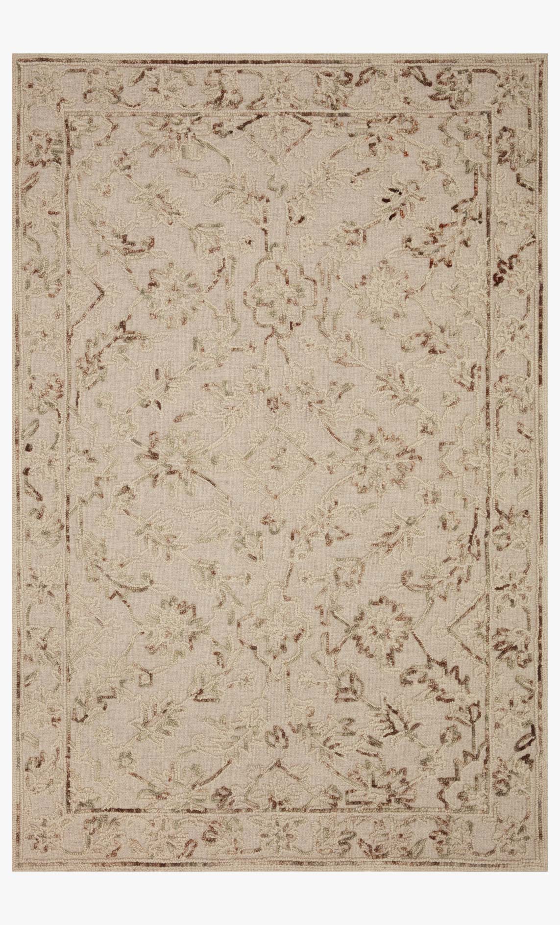 Traditional hooked rug with natural beige ground and muted sage patterning, rectangular.