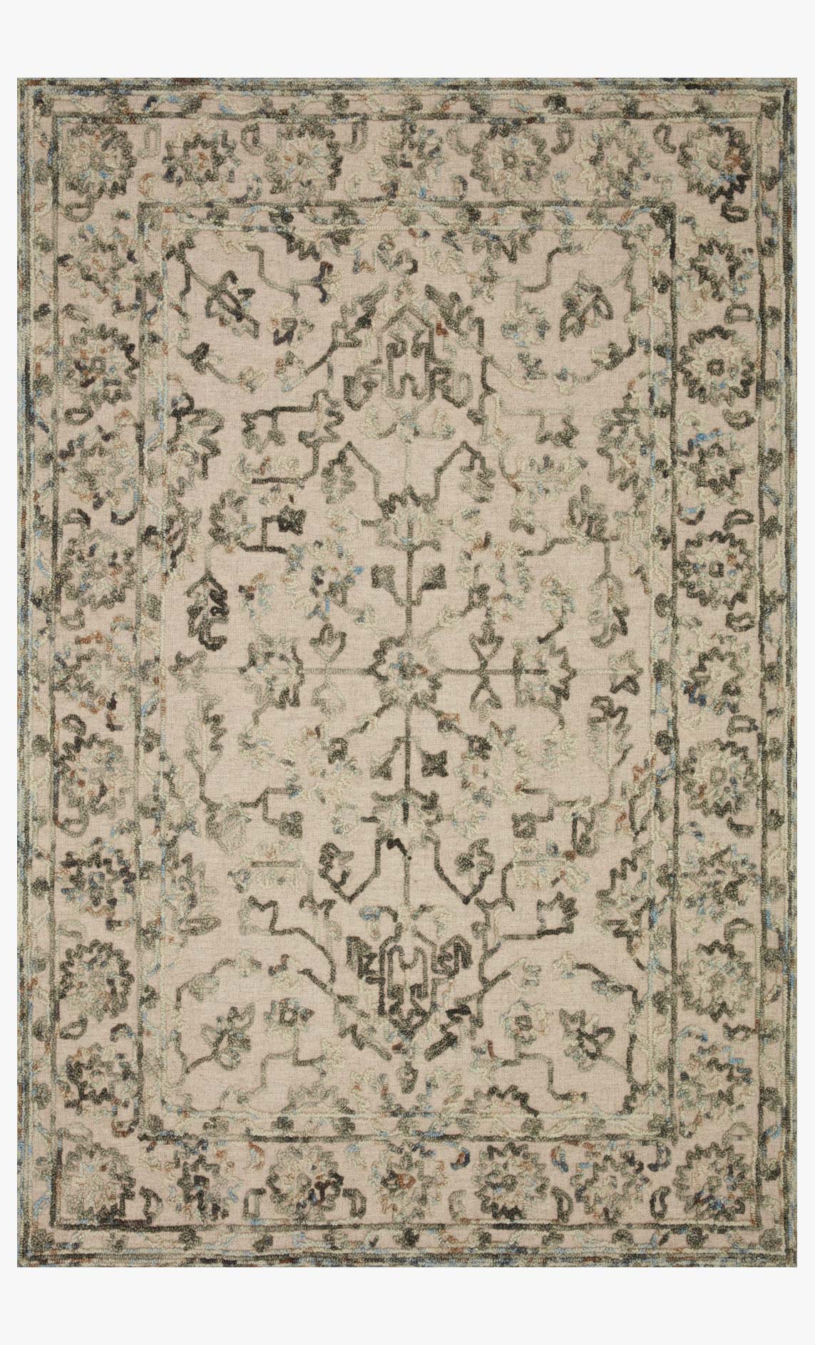 Traditional hooked rug with distressed geometric and floral motif in grey and sky