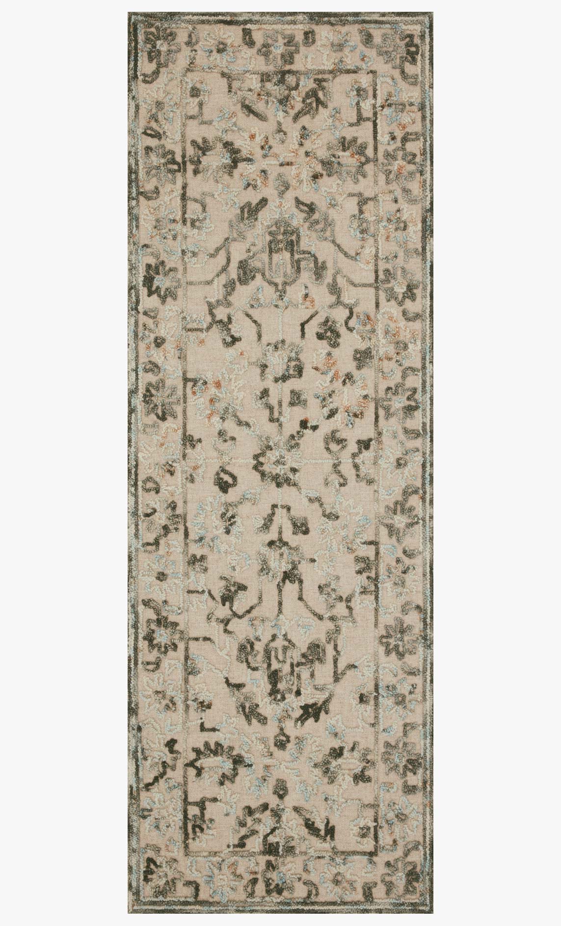 Traditional hooked rug with grey and sky distressed pattern, rectangular design
