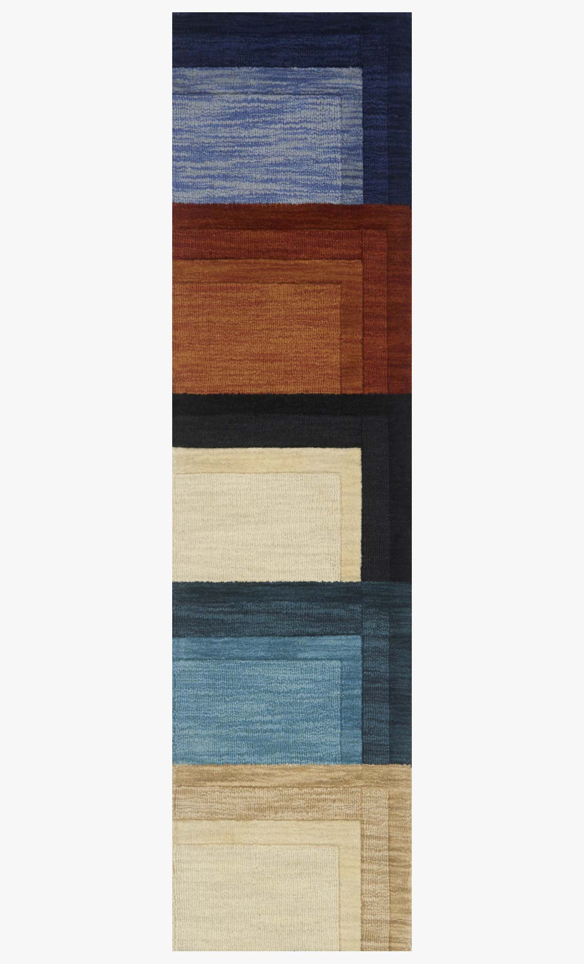 Transitional hand-loomed rug with geometric color blocks in navy, blue, rust, and cream