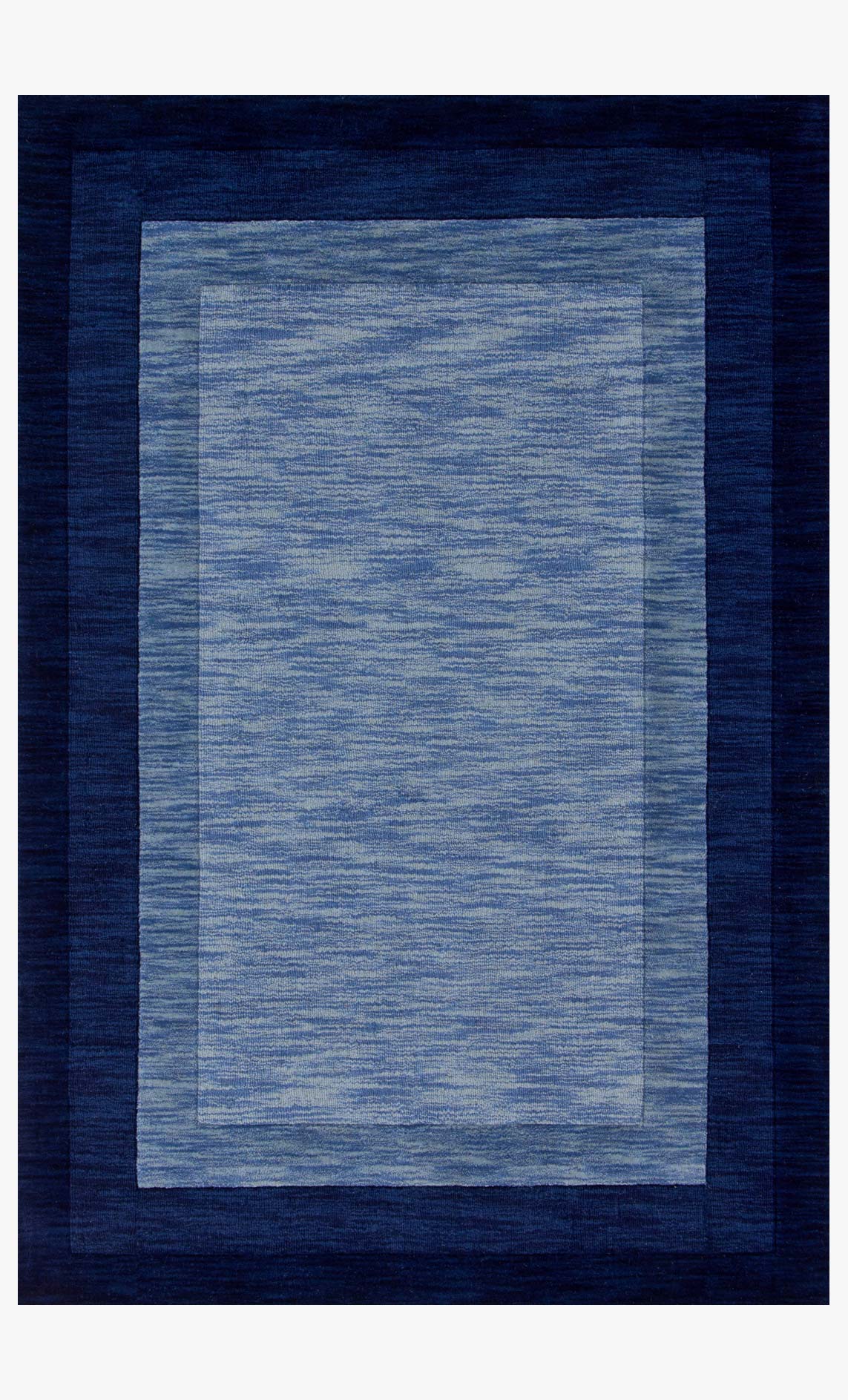 Navy transitional hand-loomed rug with light blue central border and geometric pattern