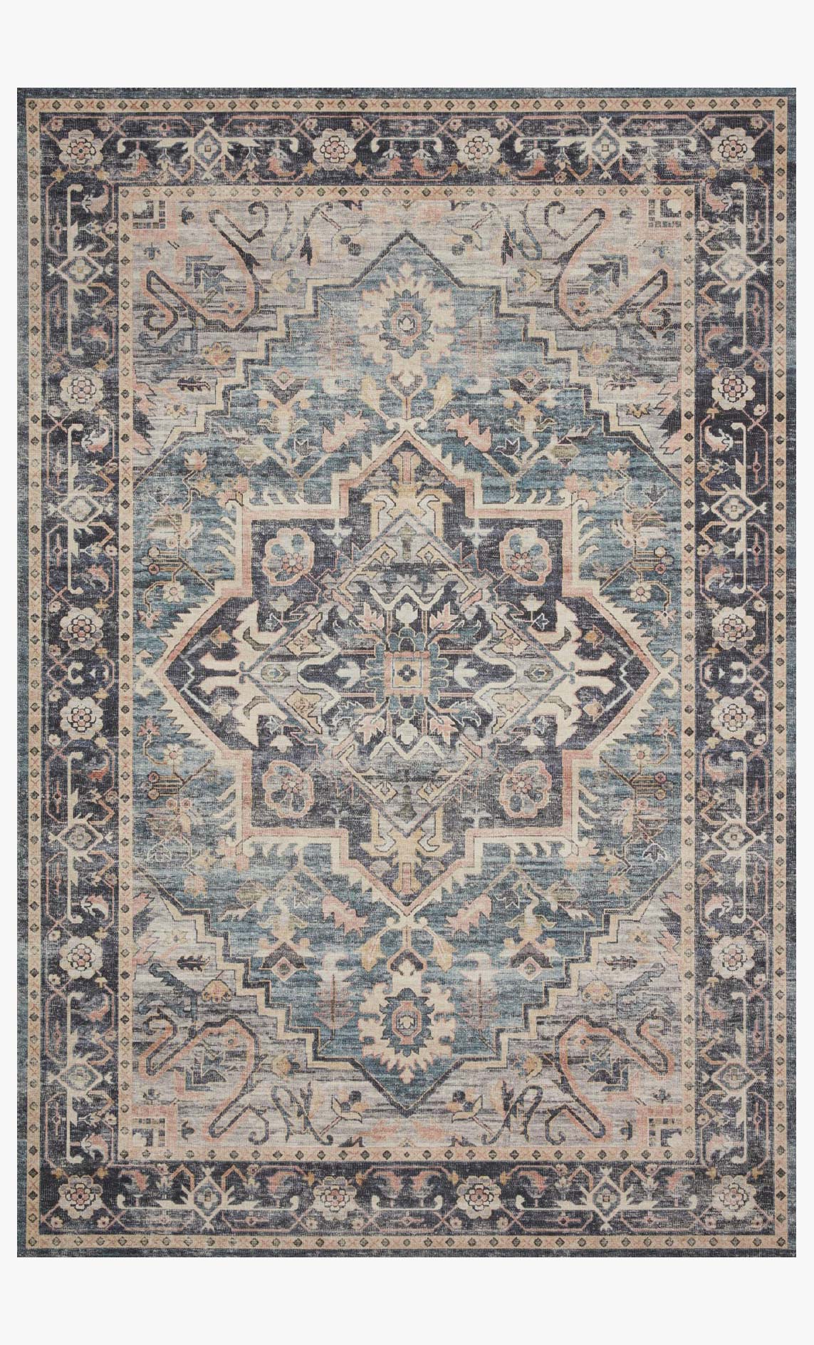 Navy traditional power-loomed rug with ornate medallion and border pattern