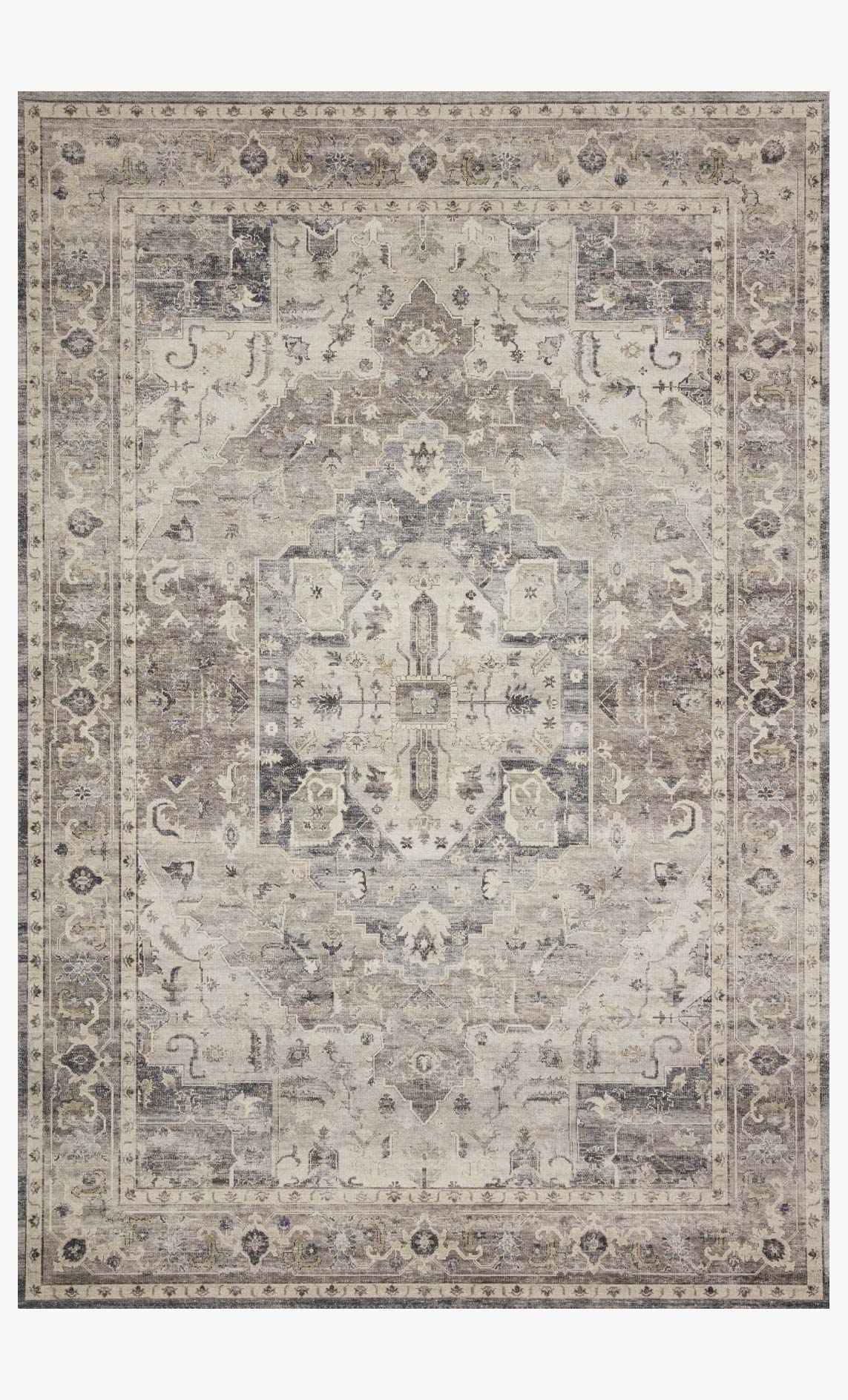 Steel and ivory traditional power-loomed area rug with ornate border and medallion center