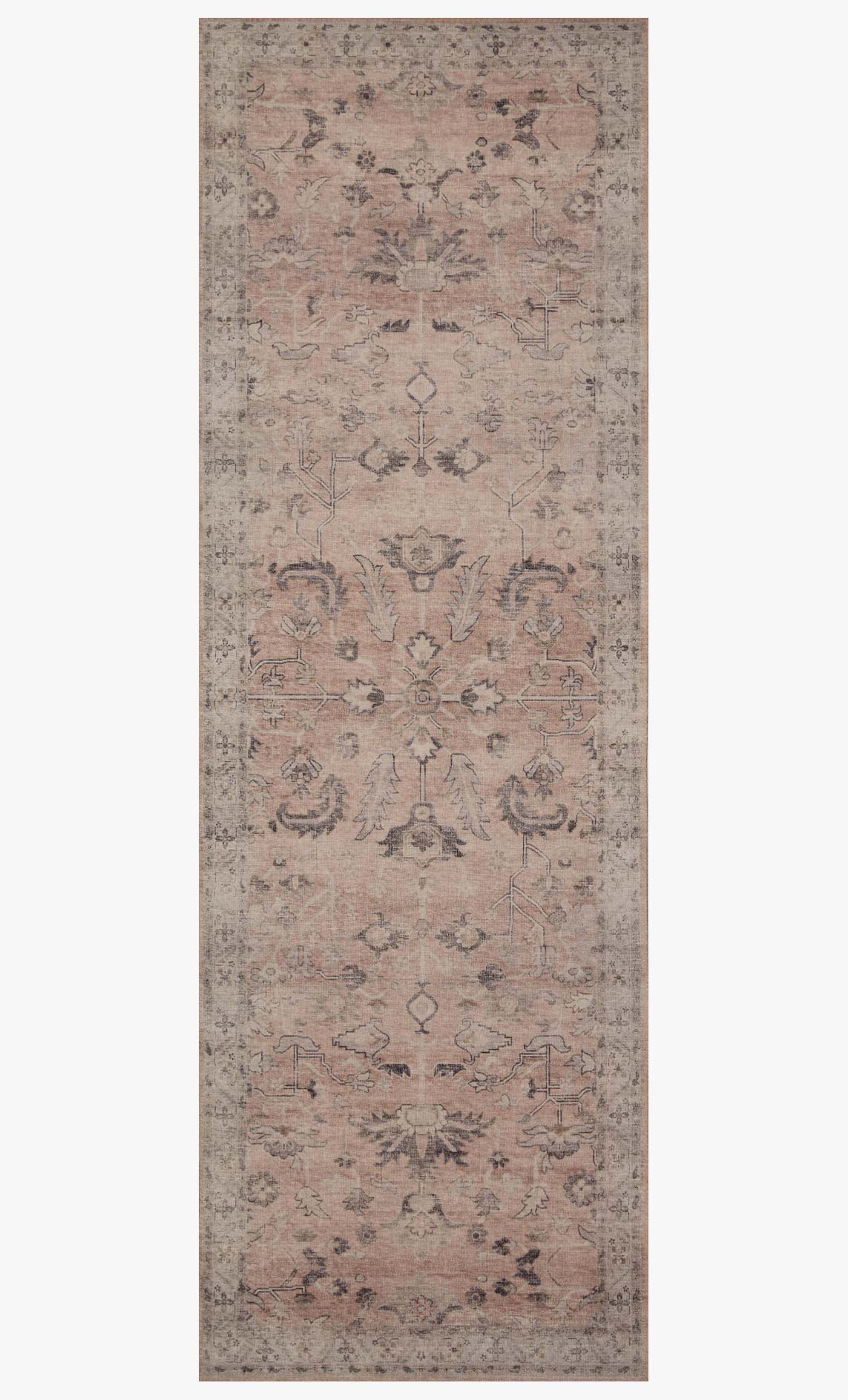 Blush traditional runner rug with ornate medallion pattern and dark border