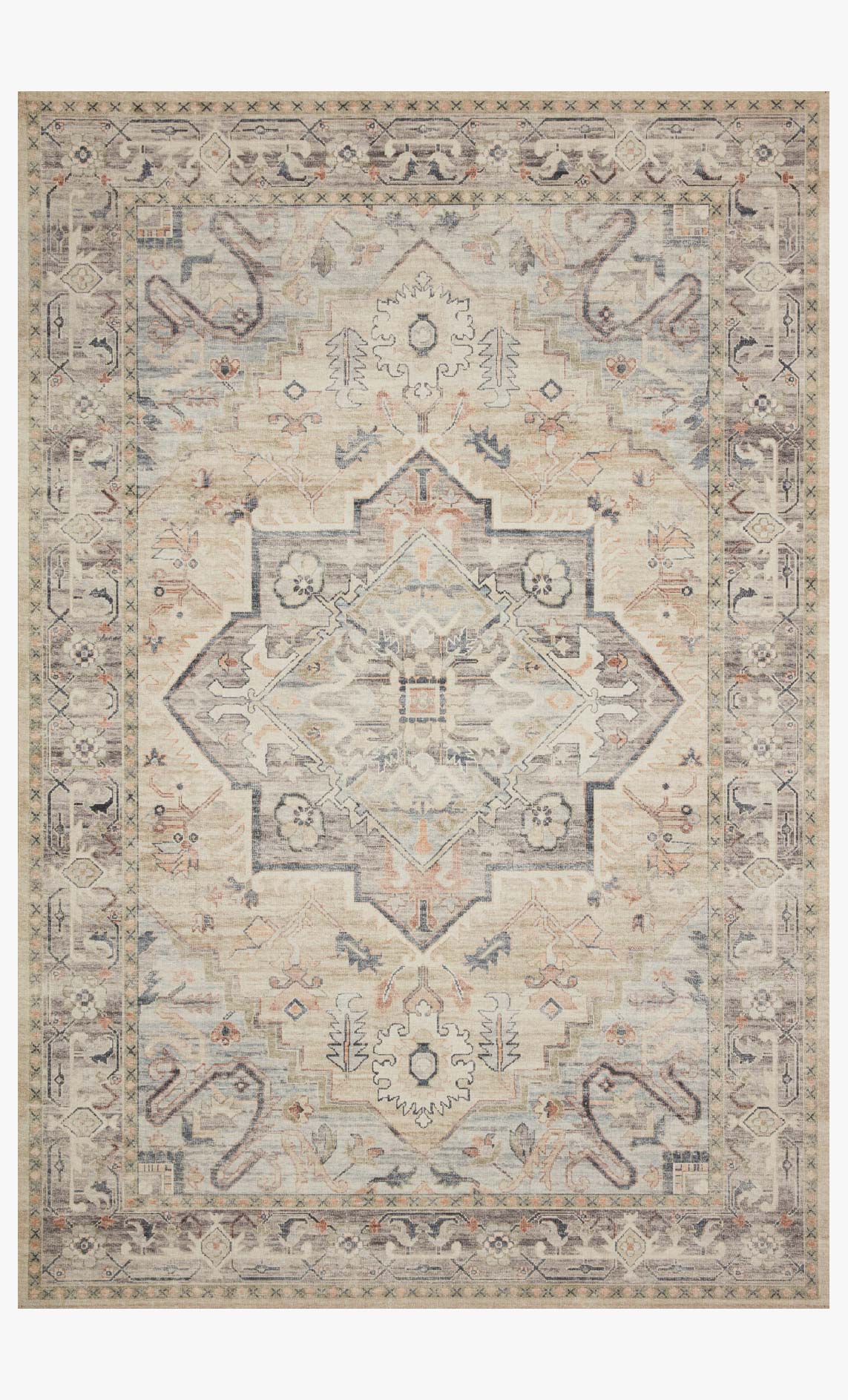 Ivory and multi-color traditional power loomed rug with central diamond medallion