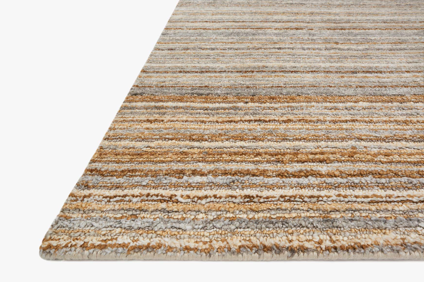 Transitional hand-loomed rug corner with gray, gold and tan horizontal stripes