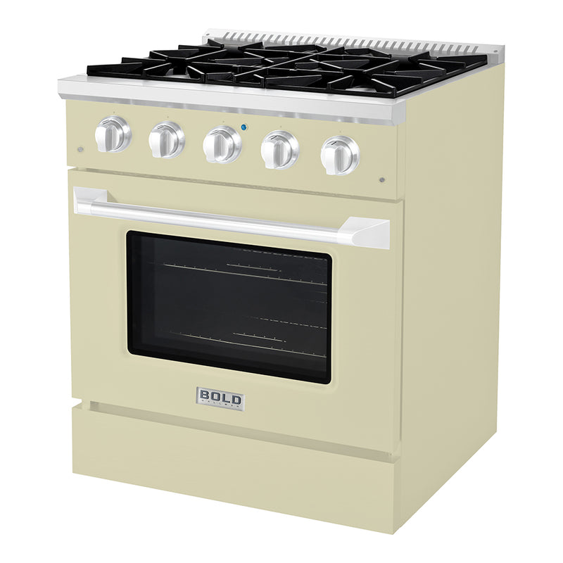Hallman Bold 30-Inch Dual Fuel Range with 4.2 Cu. Ft. Electric Oven & 4 Gas Burners in Antique White with Chrome Trim (HBRDF30CMAW)