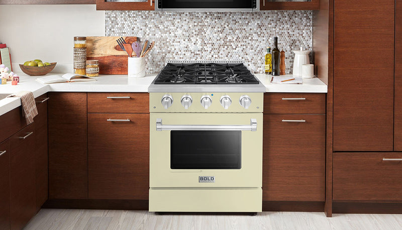 Hallman Bold 30-Inch Dual Fuel Range with 4.2 Cu. Ft. Electric Oven & 4 Gas Burners in Antique White with Chrome Trim (HBRDF30CMAW)